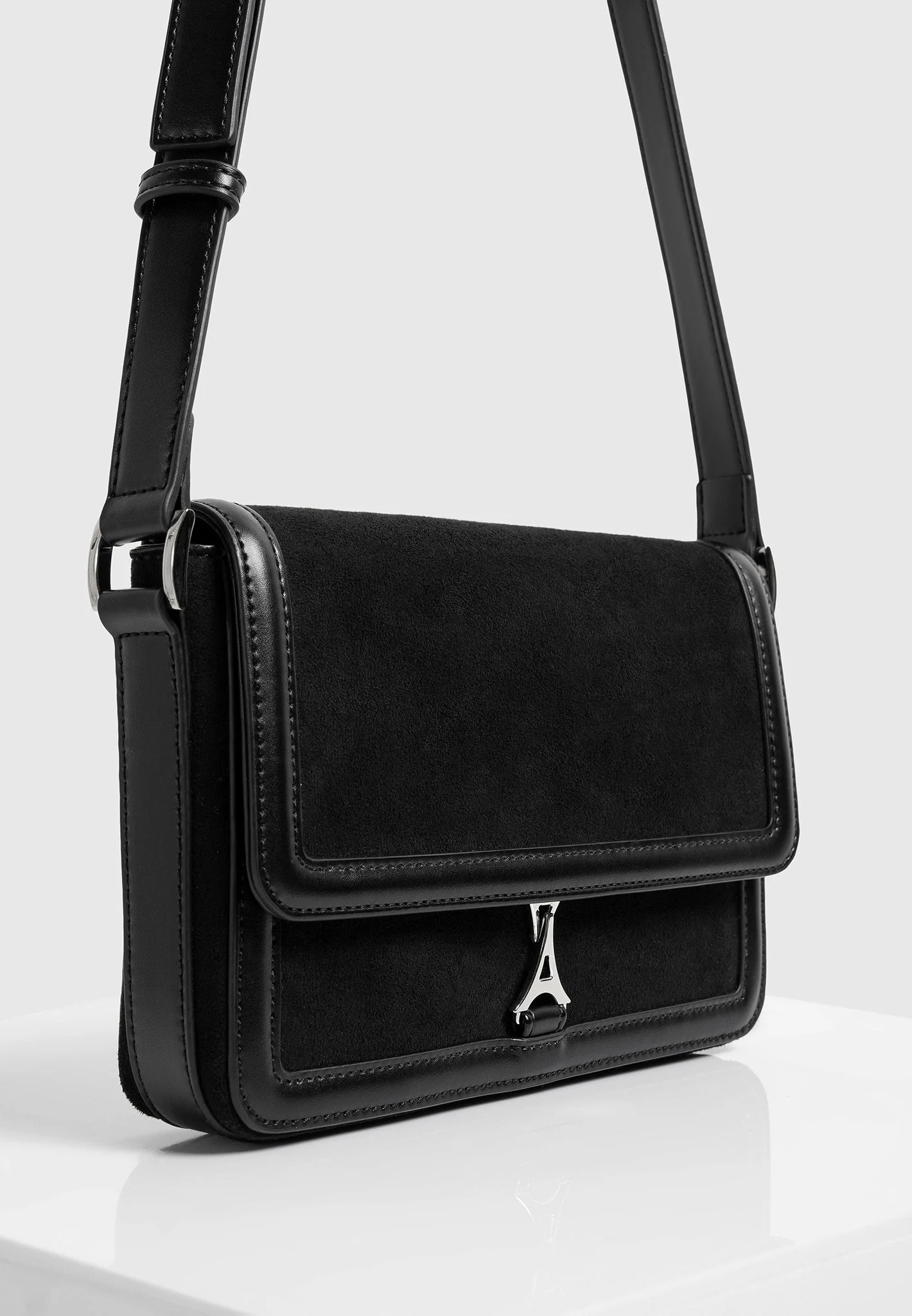 AC003 - Suede & Leather Crossbody Bag - Black - Image 3