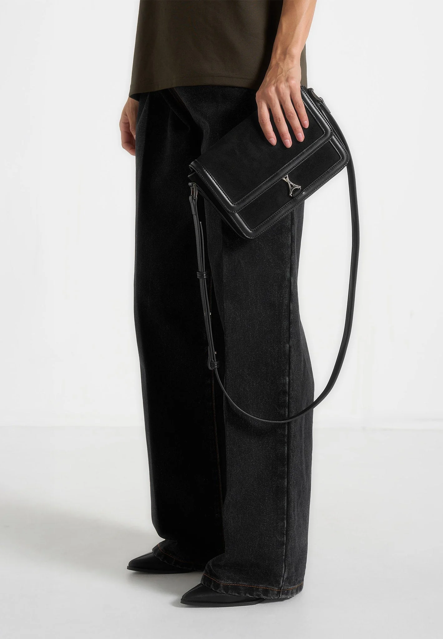 AC003 - Suede & Leather Crossbody Bag - Black - Image 9
