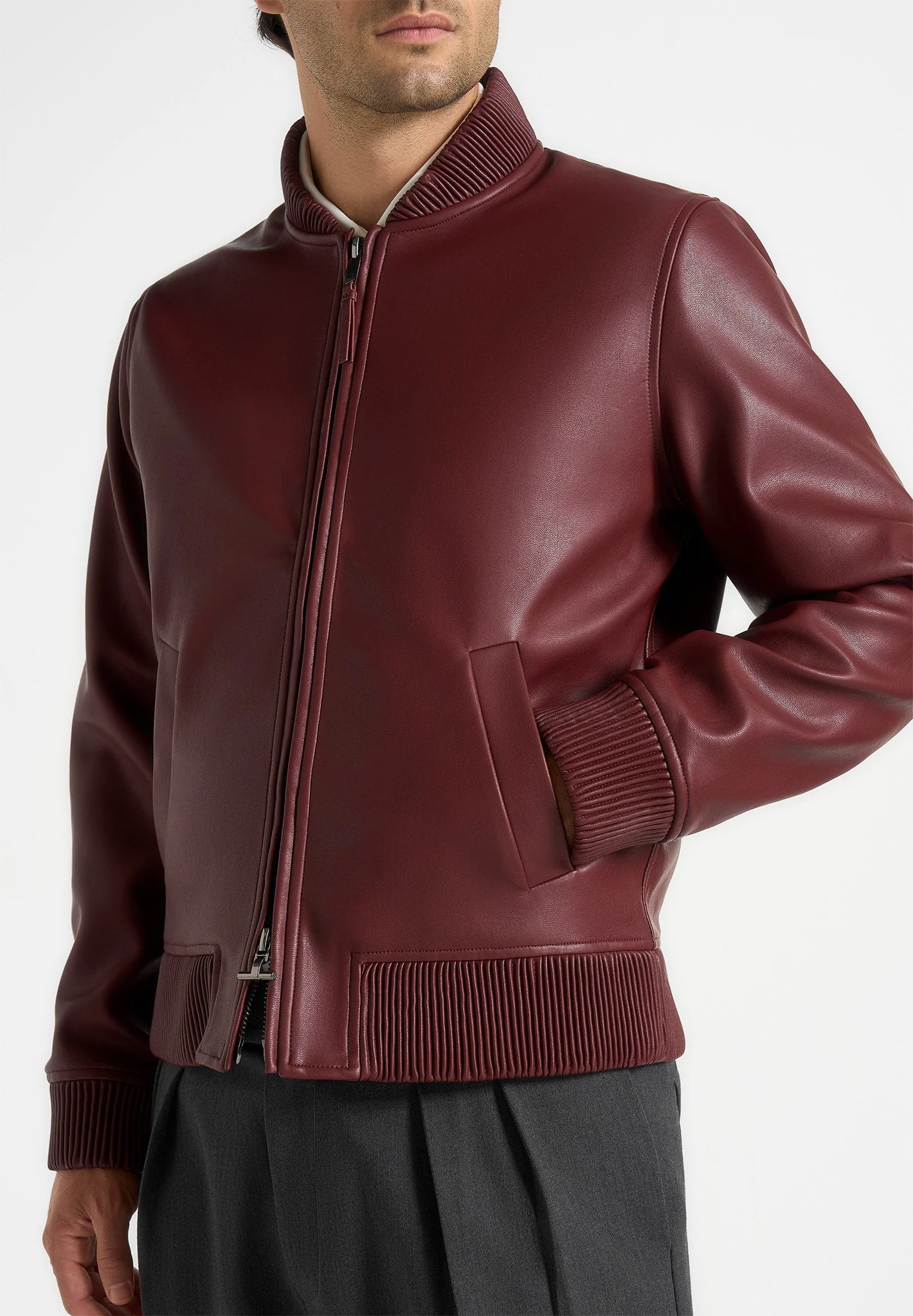 Arman - Leather Bomber Jacket - Wine Red - Image 3