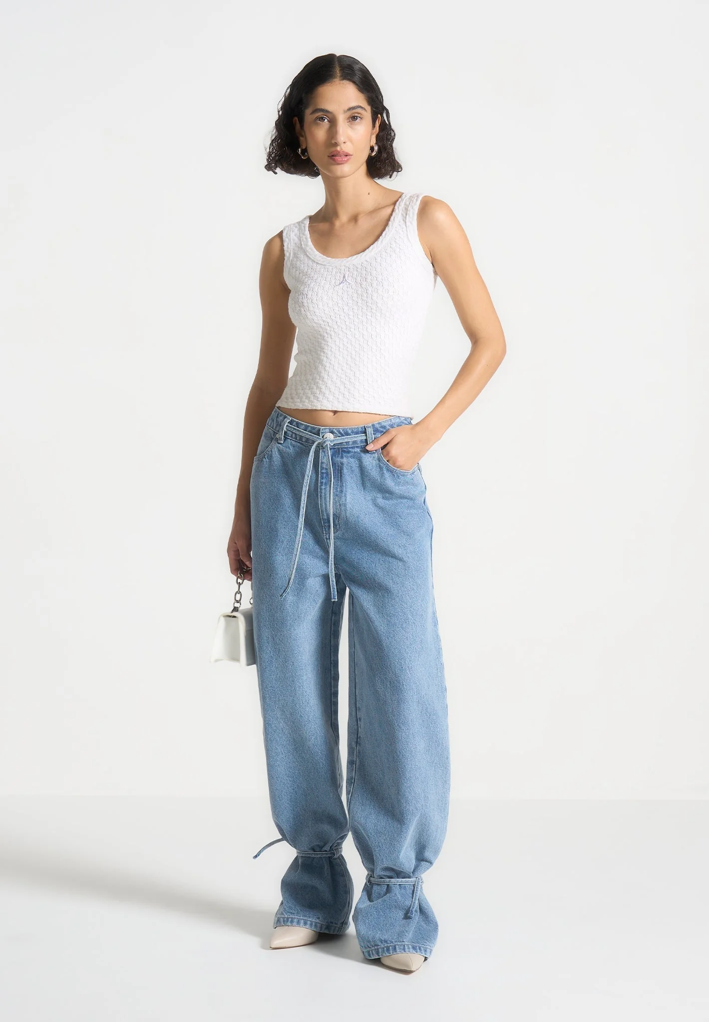Faye - Wide Mid Rise Jeans with Tie Waist - Mid Blue - Image 3