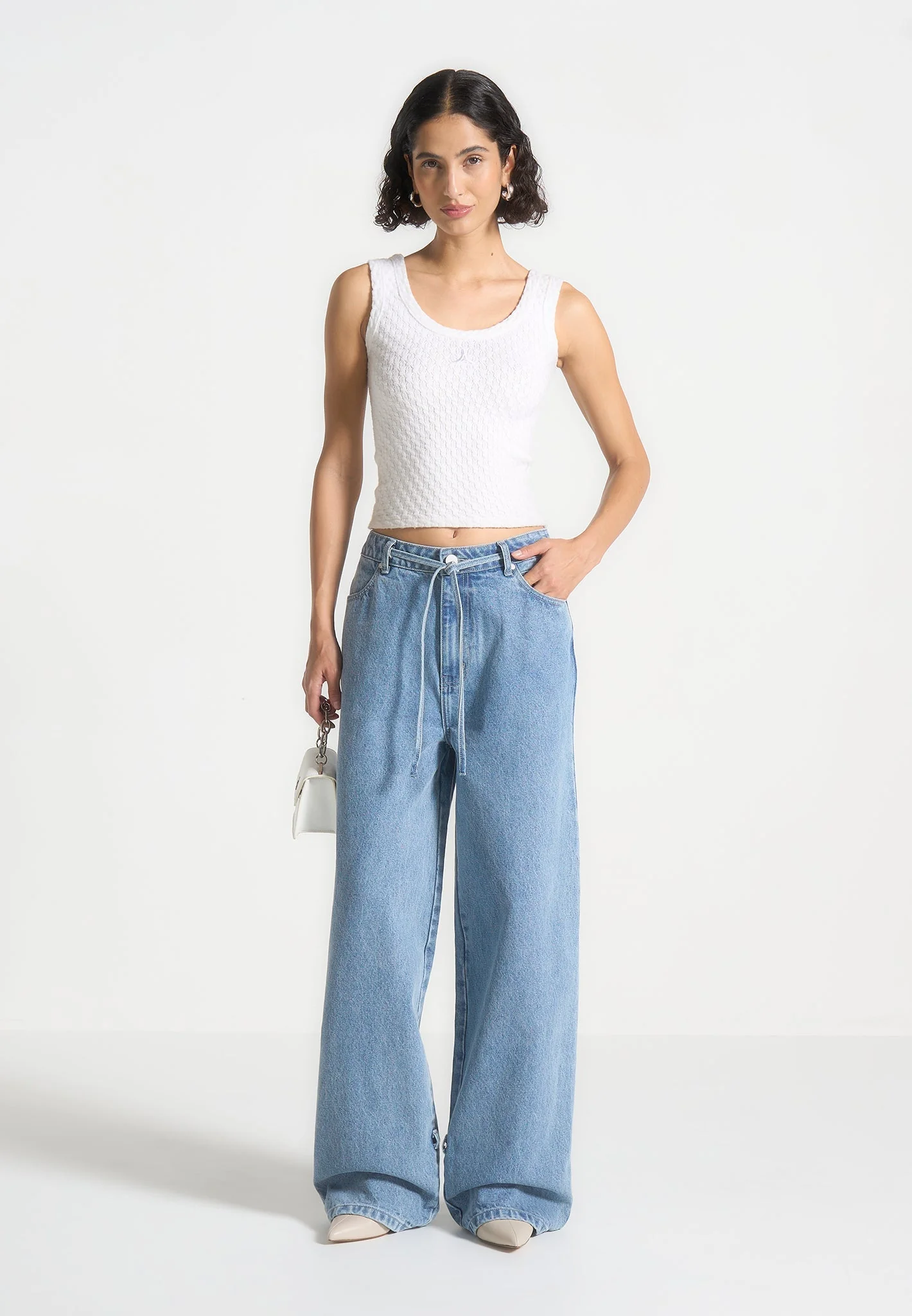 Faye - Wide Mid Rise Jeans with Tie Waist - Mid Blue - Image 6