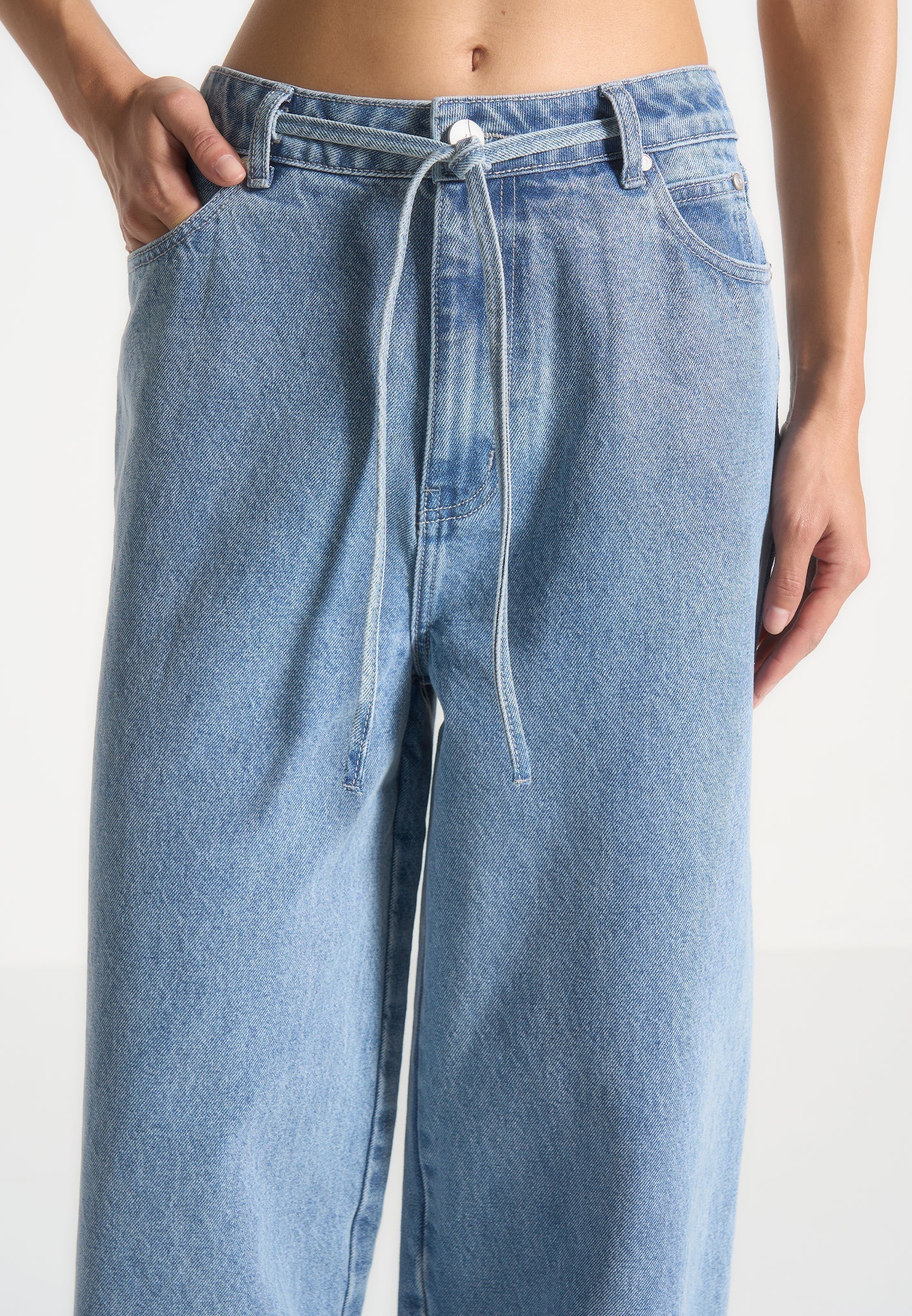 Faye - Wide Mid Rise Jeans with Tie Waist - Mid Blue - Image 7
