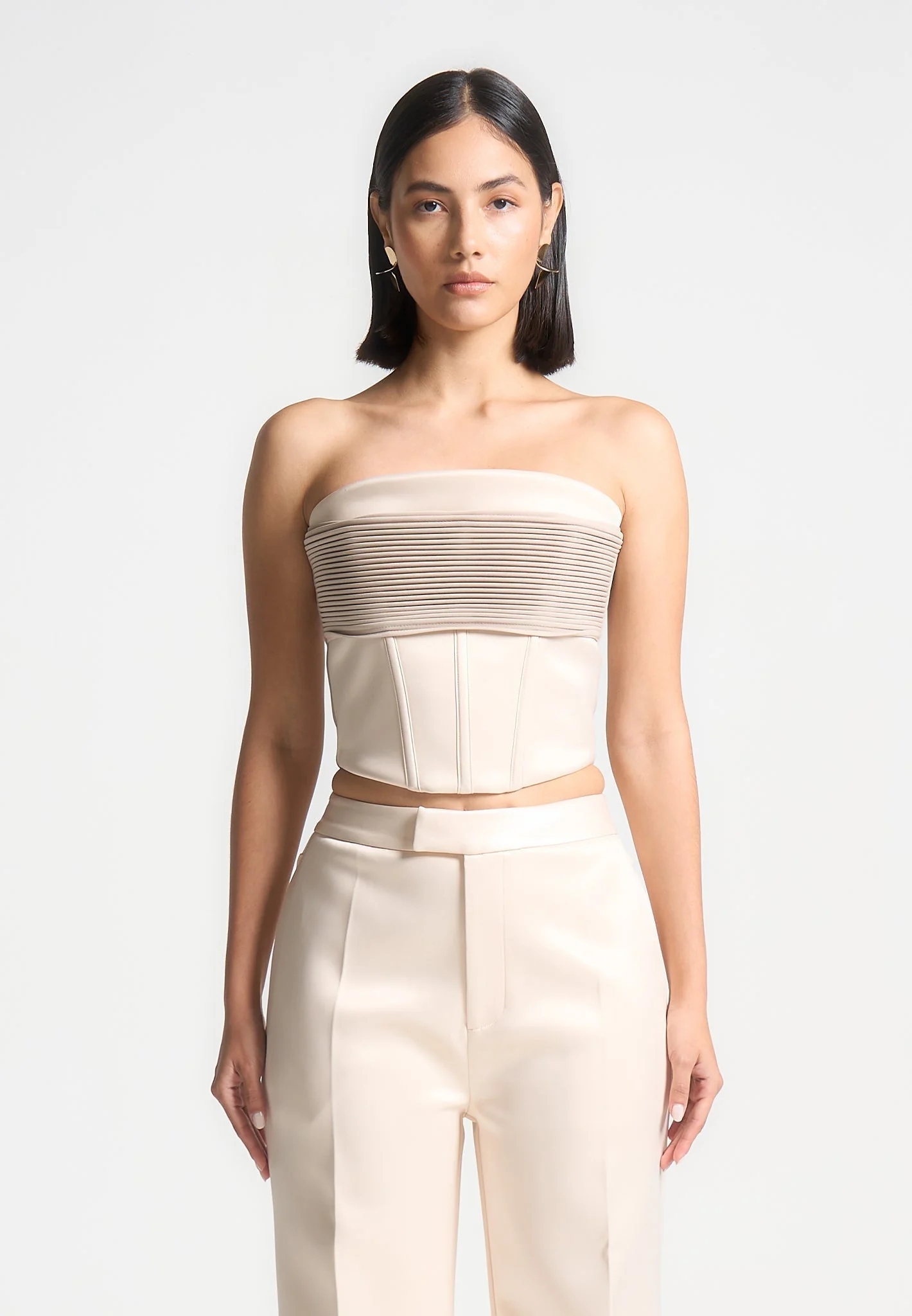 Cora - Satin Pintuck Bandeau Corset Top - Champagne - Image 3