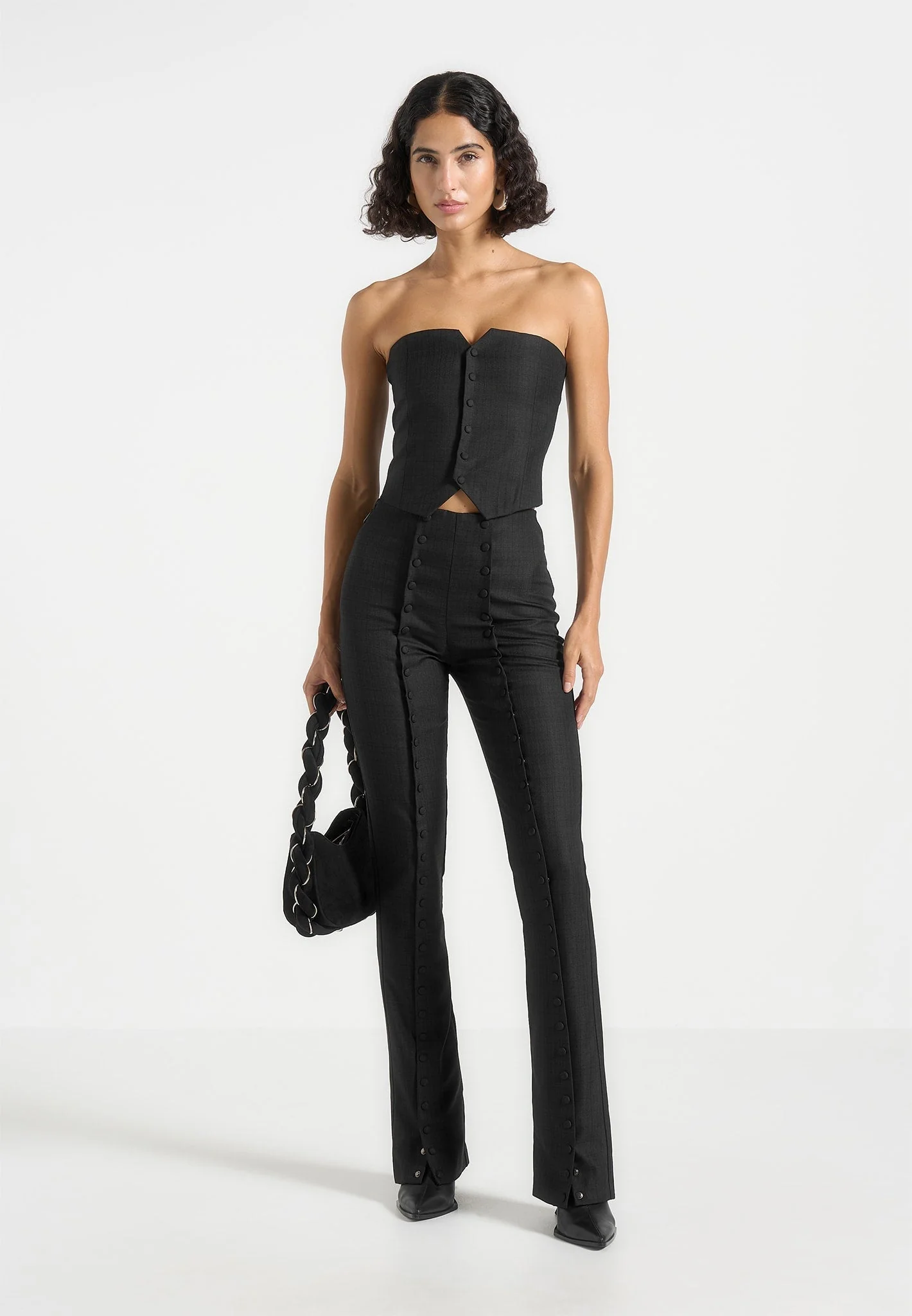 Lise - Cropped Tailored Blazer & Button Detail Bandeau - Black - Image 4