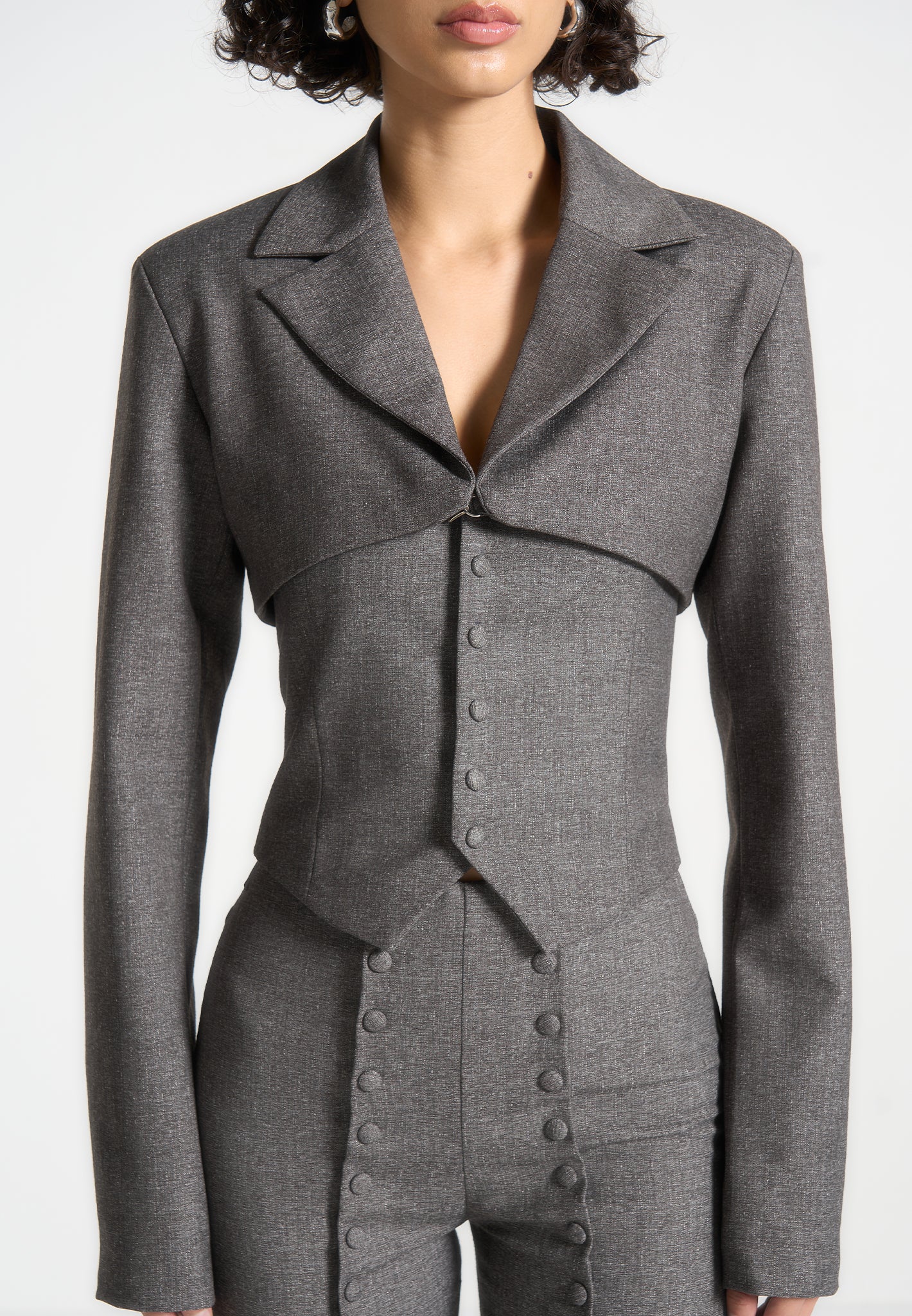 Lise - Cropped Tailored Blazer & Button Detail Bandeau - Dark Grey - Image 6