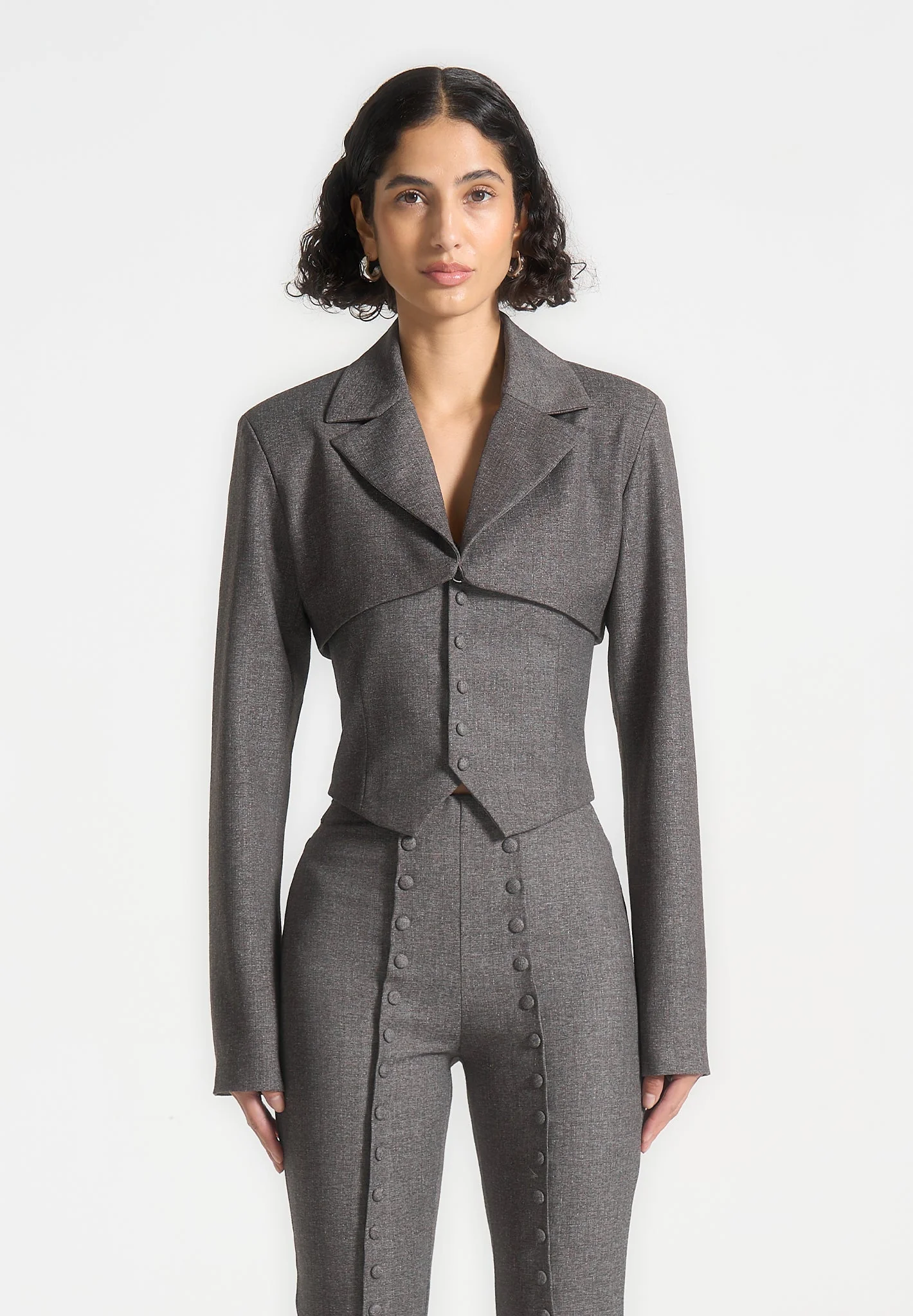 Lise - Cropped Tailored Blazer & Button Detail Bandeau - Dark Grey - Image 8