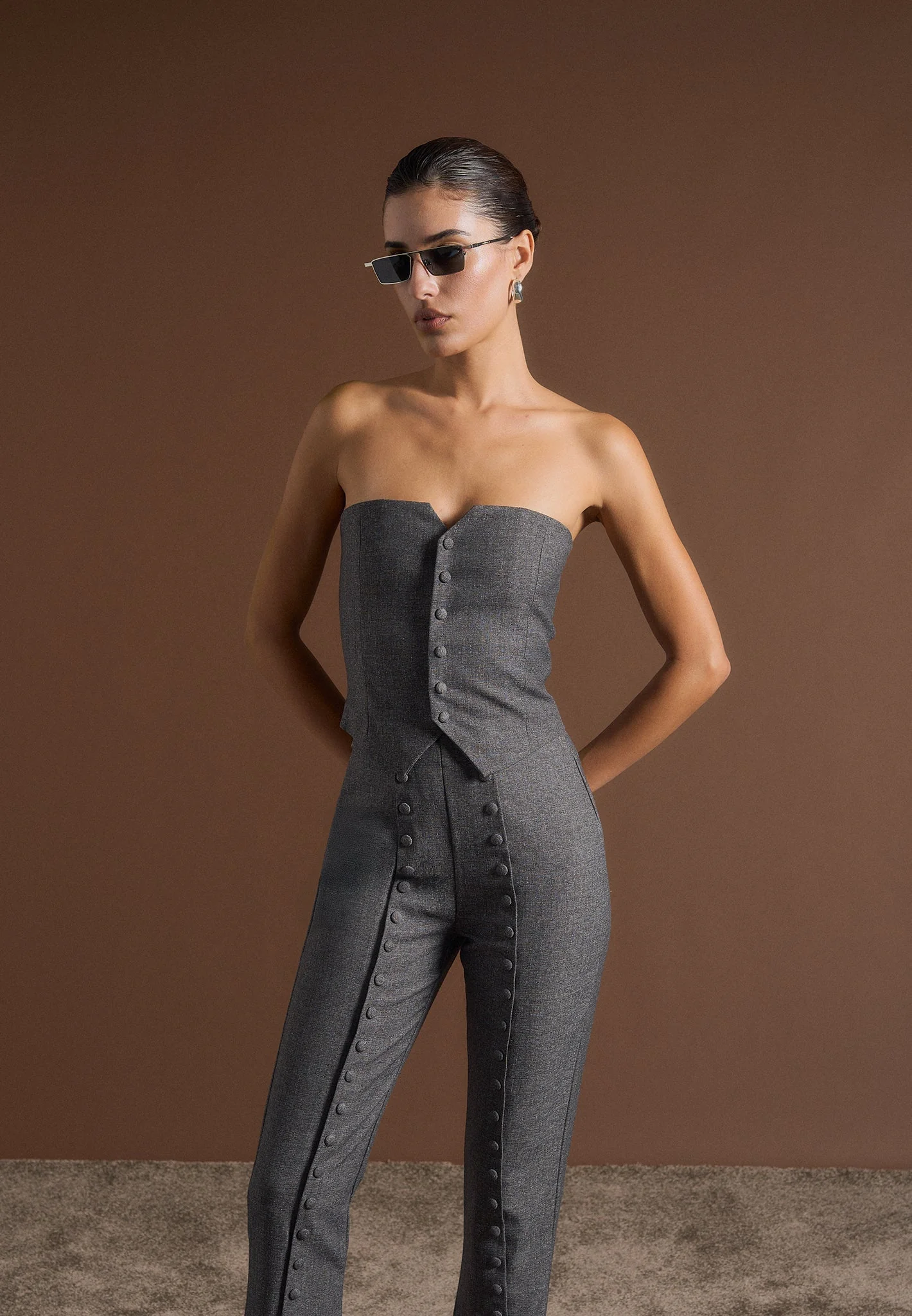 Lise - Cropped Tailored Blazer & Button Detail Bandeau - Dark Grey - Image 9