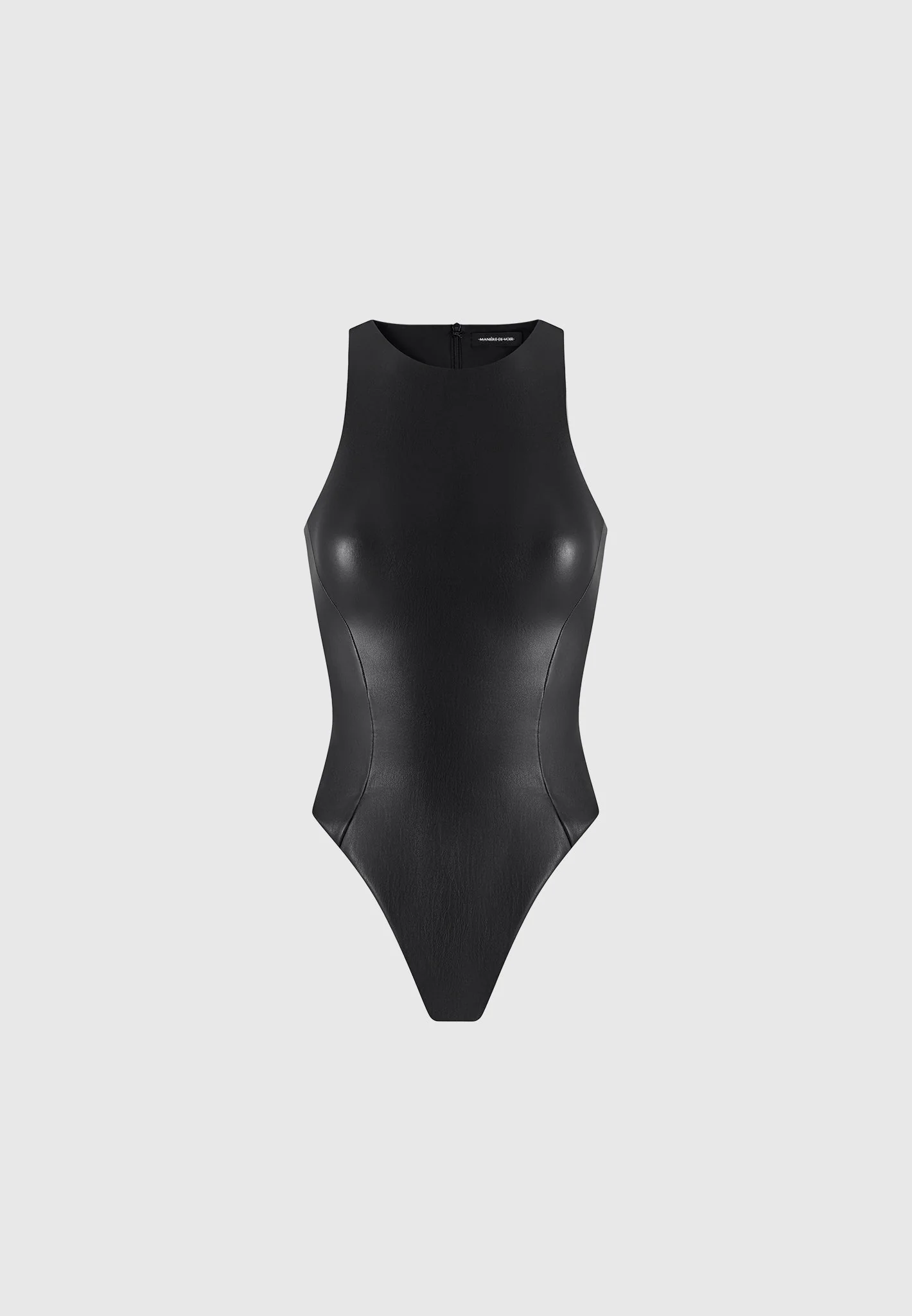 Josie - Leather Racer Neck Bodysuit - Black - Image 4