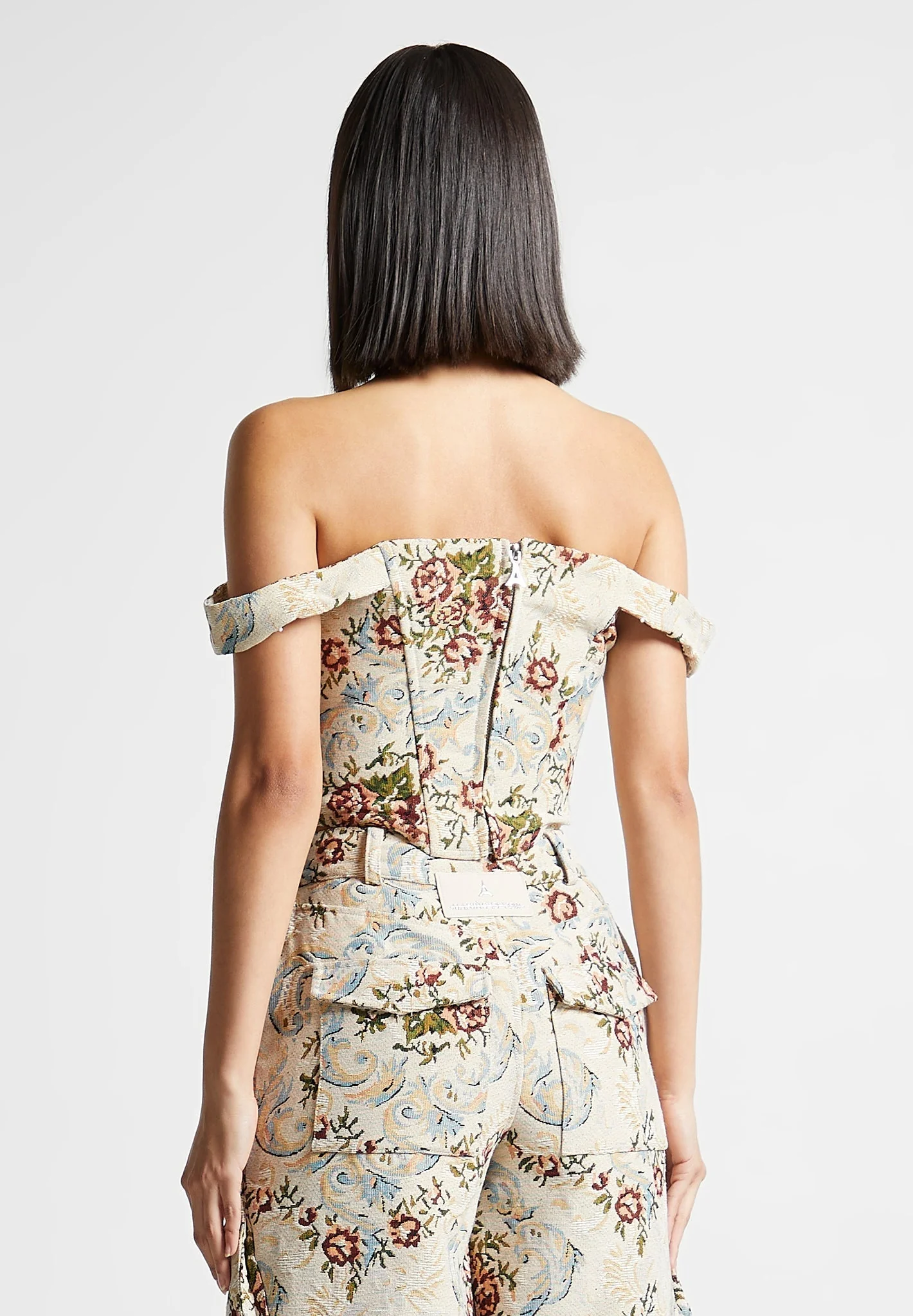 Bonnie - Floral Jacquard Bardot Corset Top - Beige - Image 3