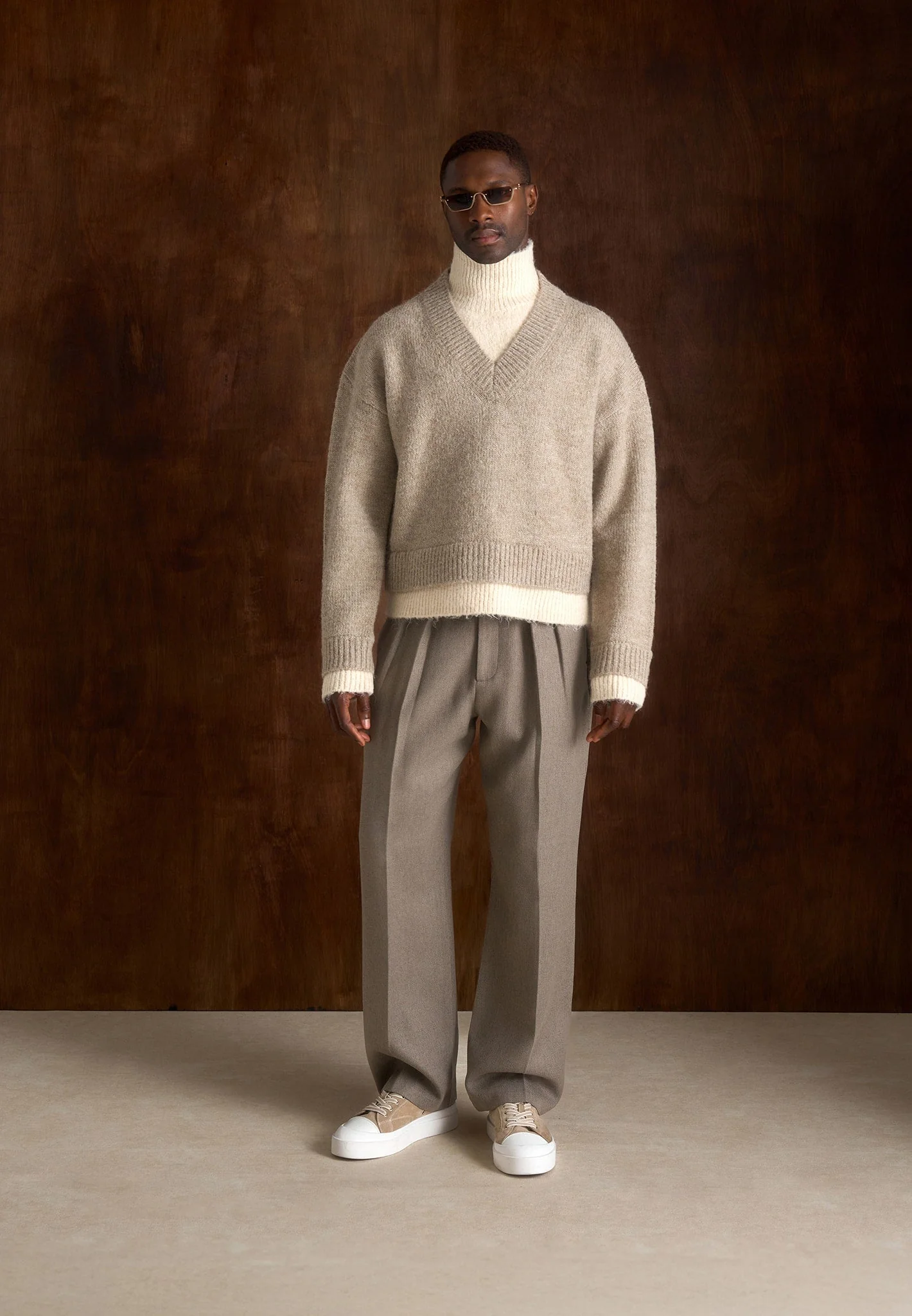 Jacques - Unisex Double Layer V-Neck Knit Jumper - Beige/Cream - Image 11