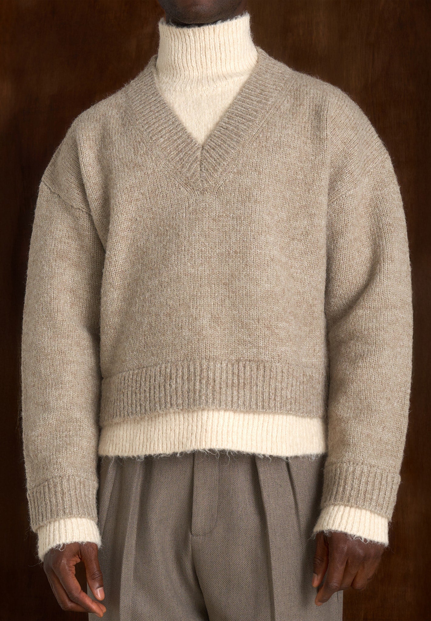 Jacques - Unisex Double Layer V-Neck Knit Jumper - Beige/Cream - Image 12