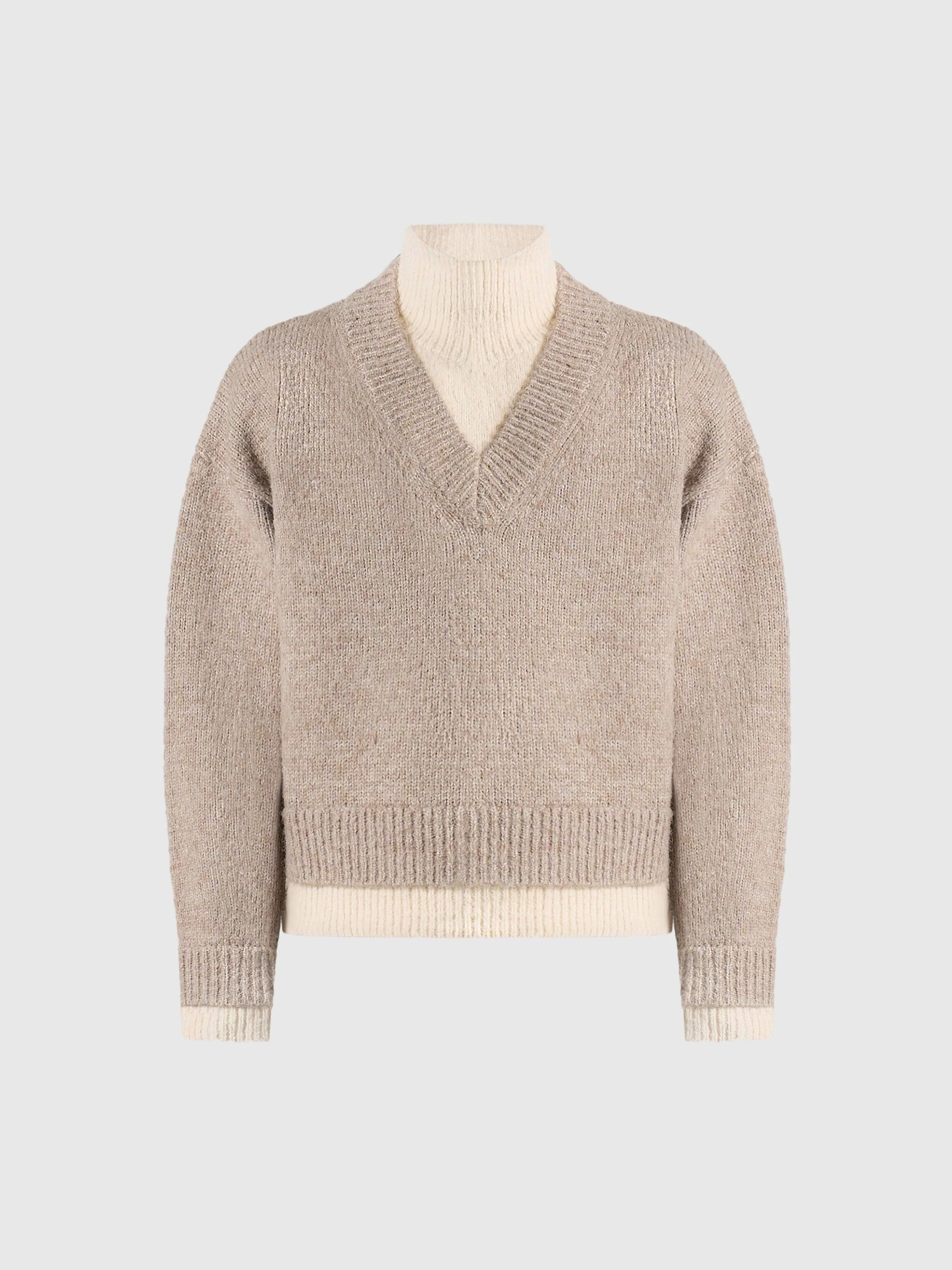 Jacques - Unisex Double Layer V-Neck Knit Jumper - Beige/Cream - Image 13