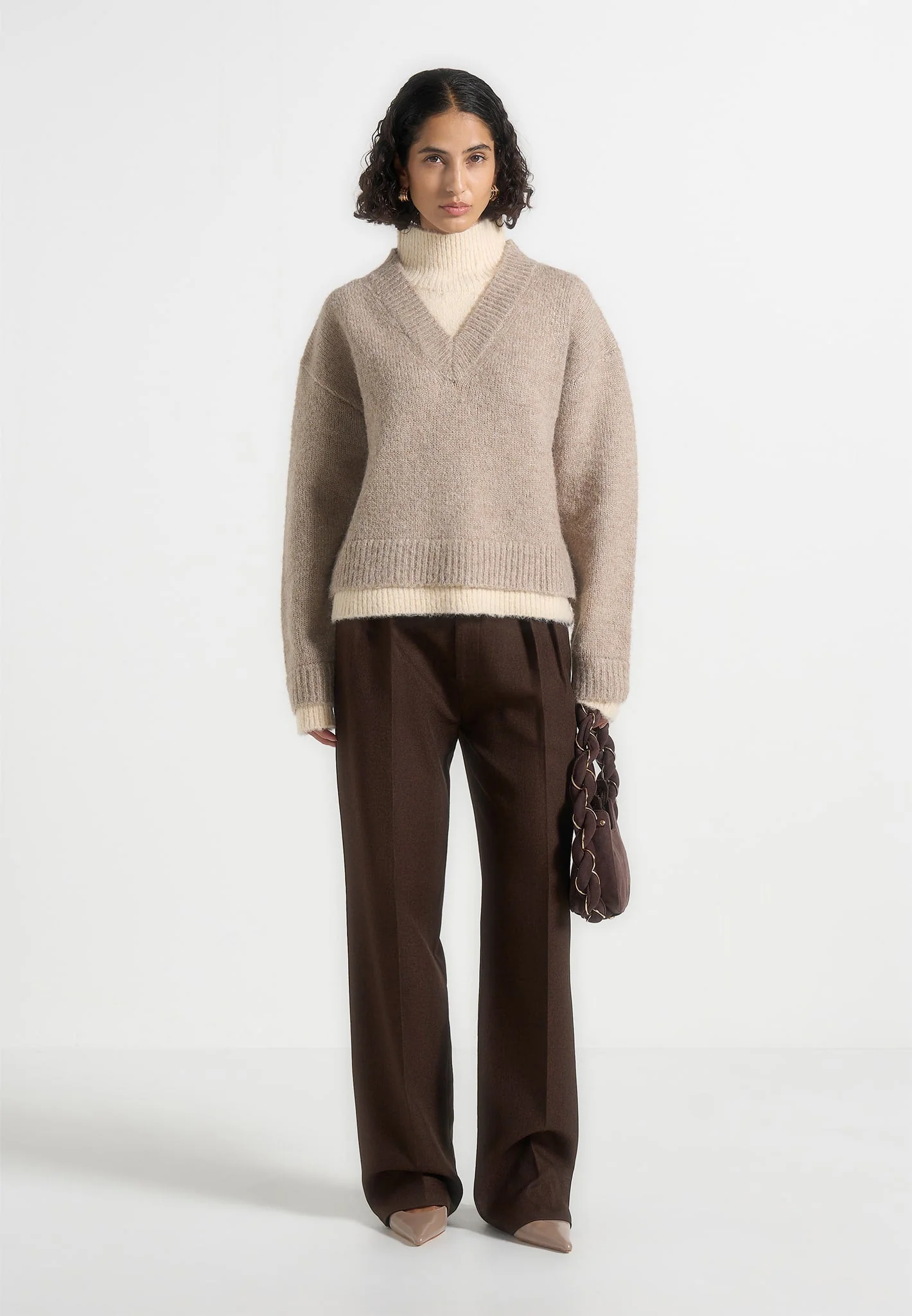 Jacques - Unisex Double Layer V-Neck Knit Jumper - Beige/Cream - Image 3