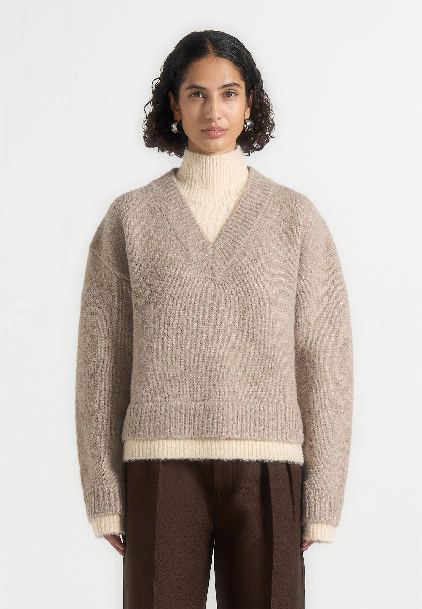 Jacques - Unisex Double Layer V-Neck Knit Jumper - Beige/Cream - Image 5