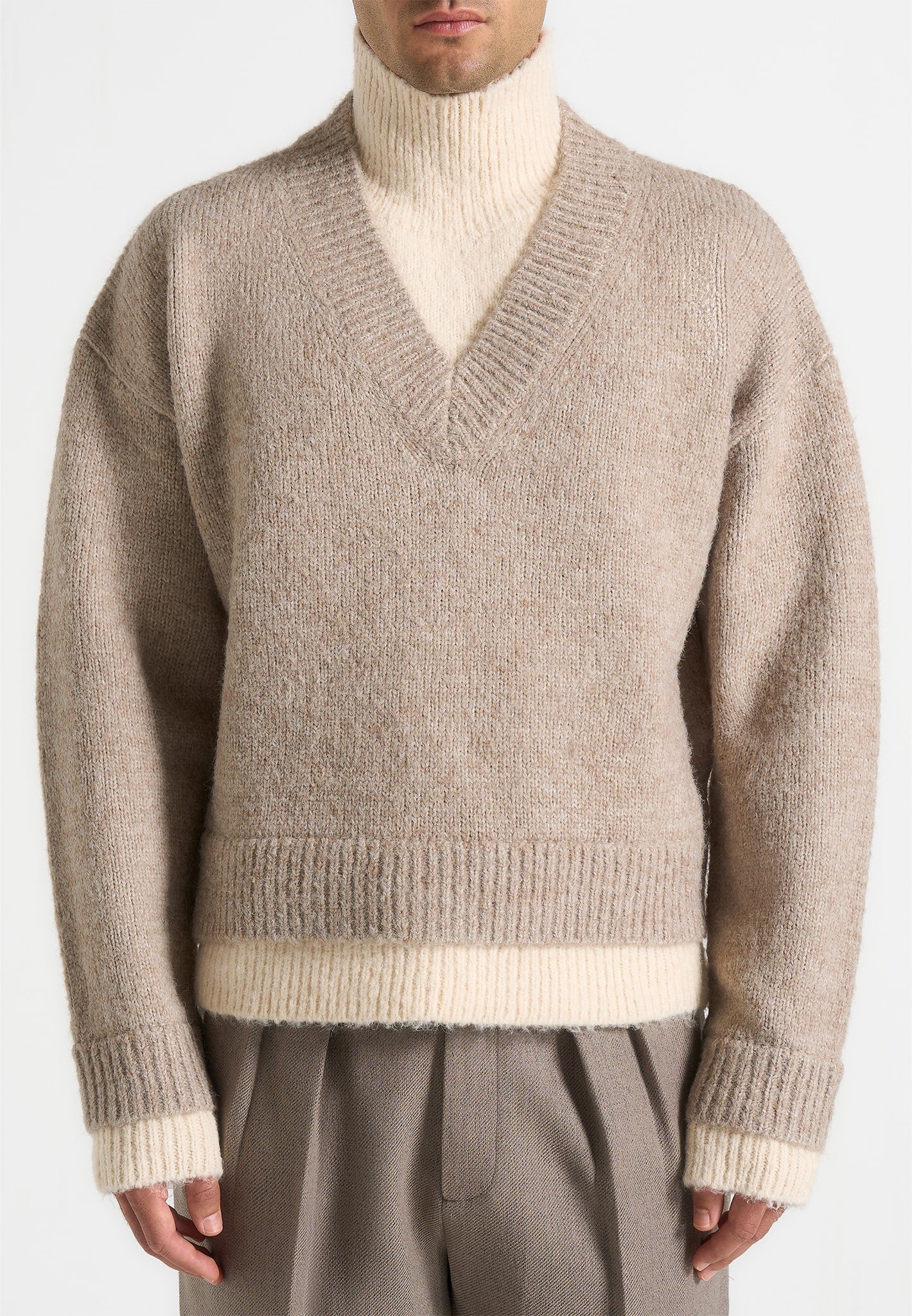 Jacques - Unisex Double Layer V-Neck Knit Jumper - Beige/Cream - Image 6