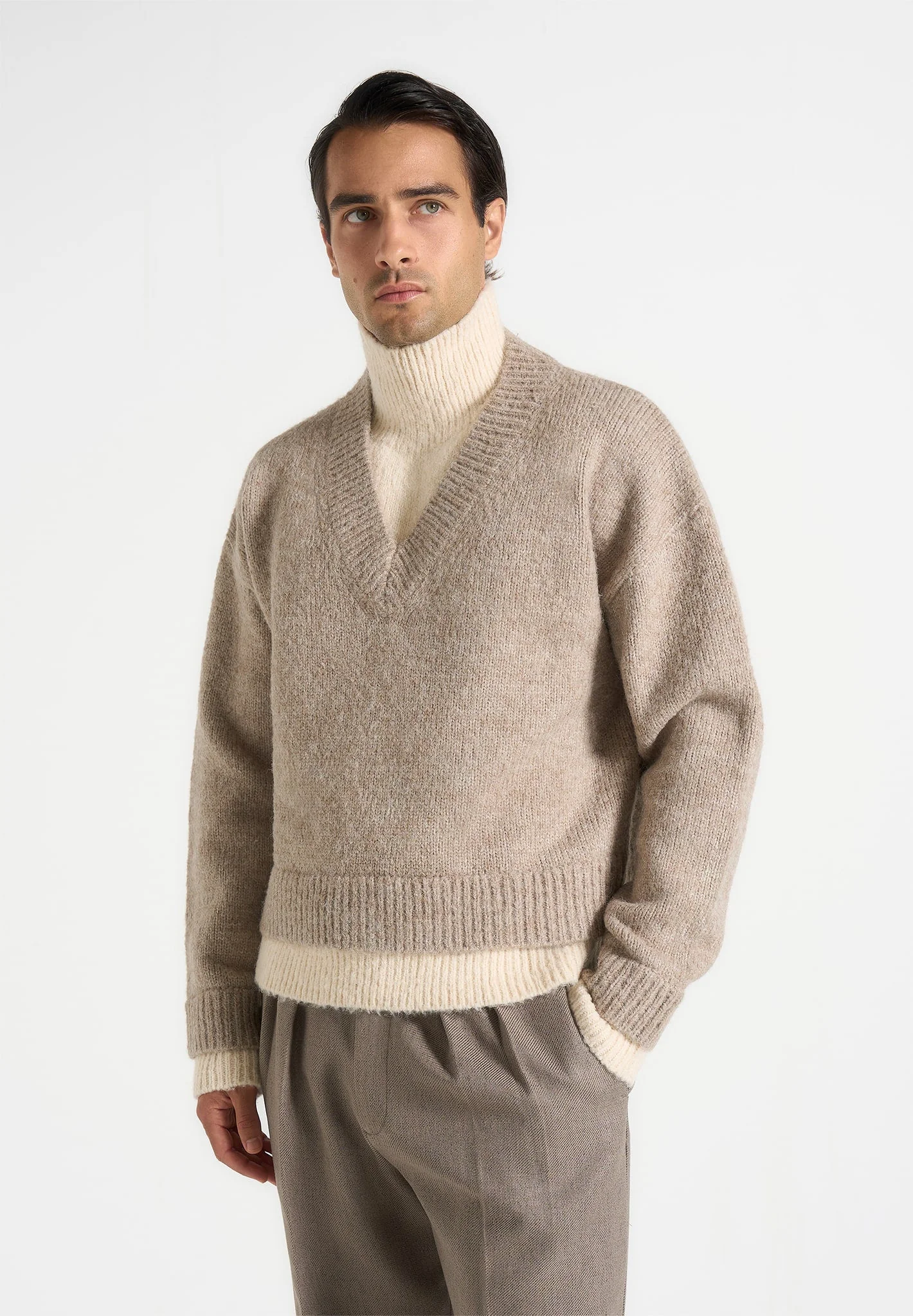 Jacques - Unisex Double Layer V-Neck Knit Jumper - Beige/Cream - Image 8