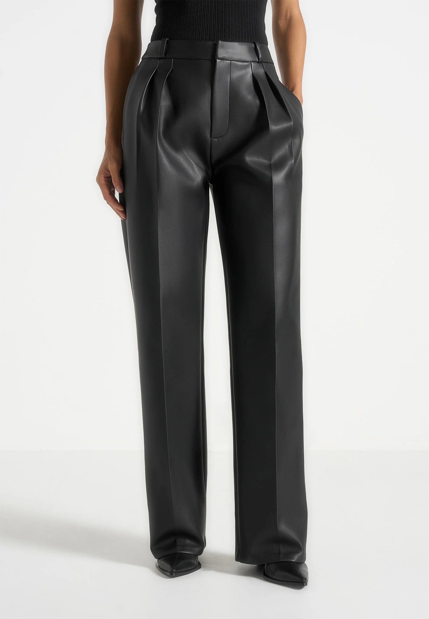 Julie - Leather Twin Pleat Trousers - Black - Image 3