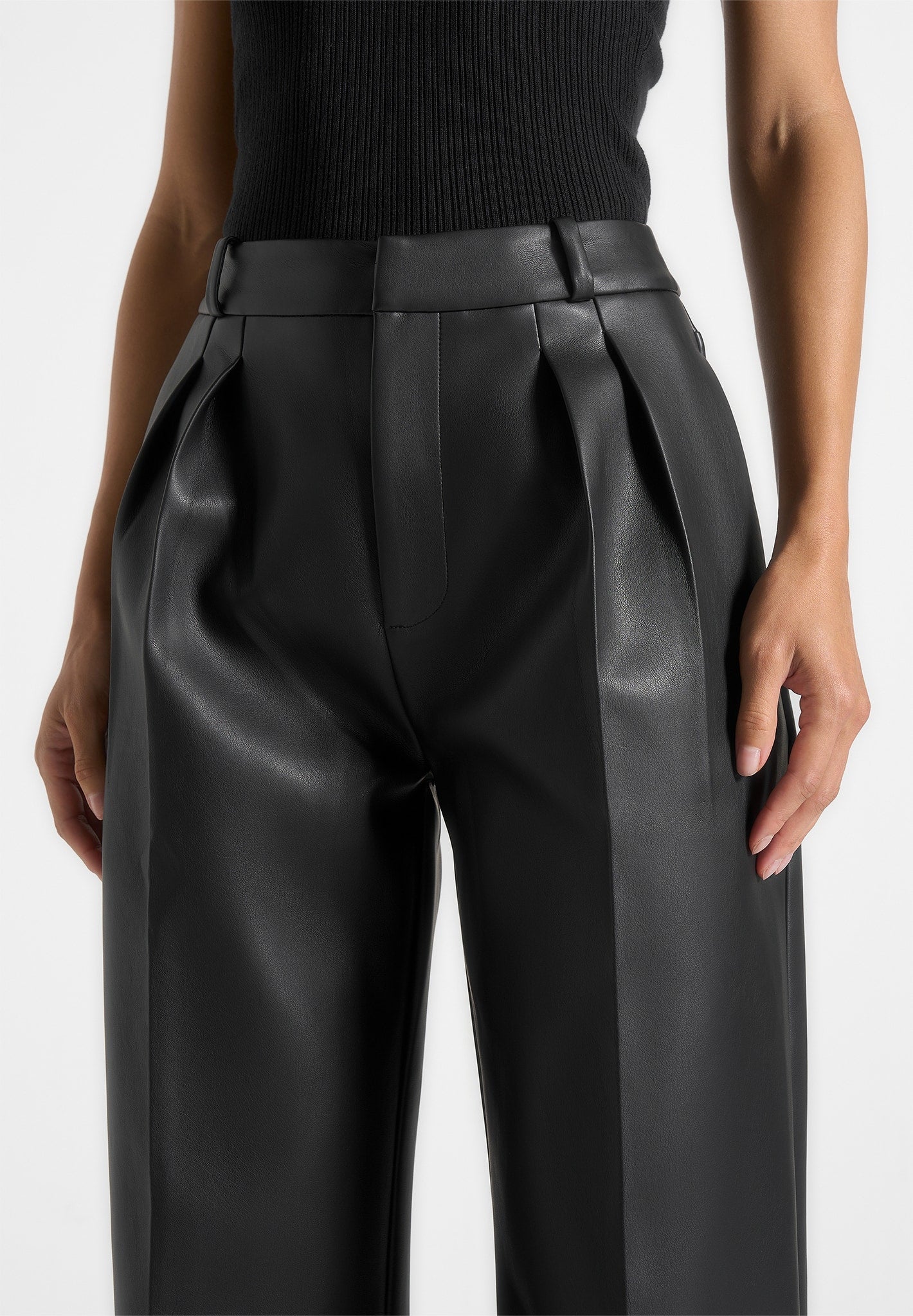 Julie - Leather Twin Pleat Trousers - Black - Image 4