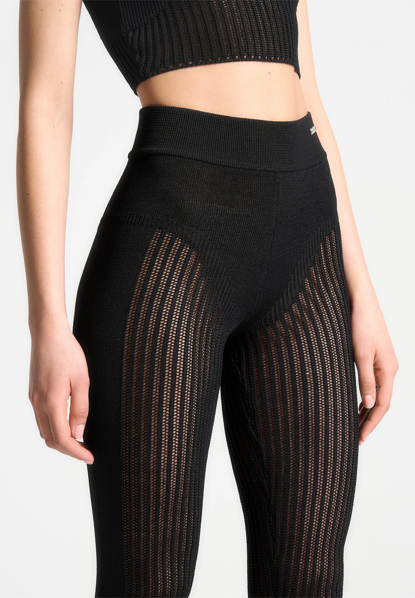 Knitted High Waisted Leggings - Black - Image 3