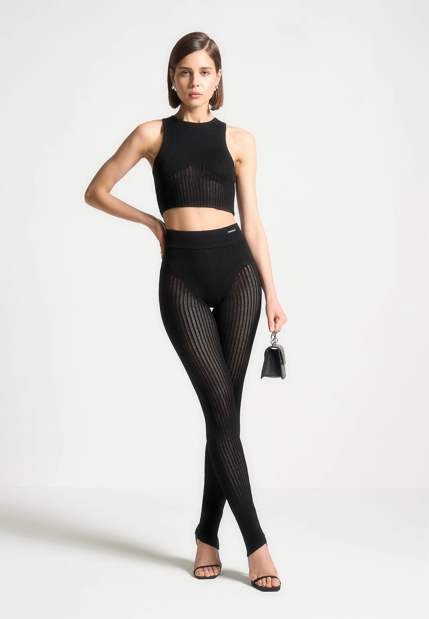 Knitted High Waisted Leggings - Black - Image 4