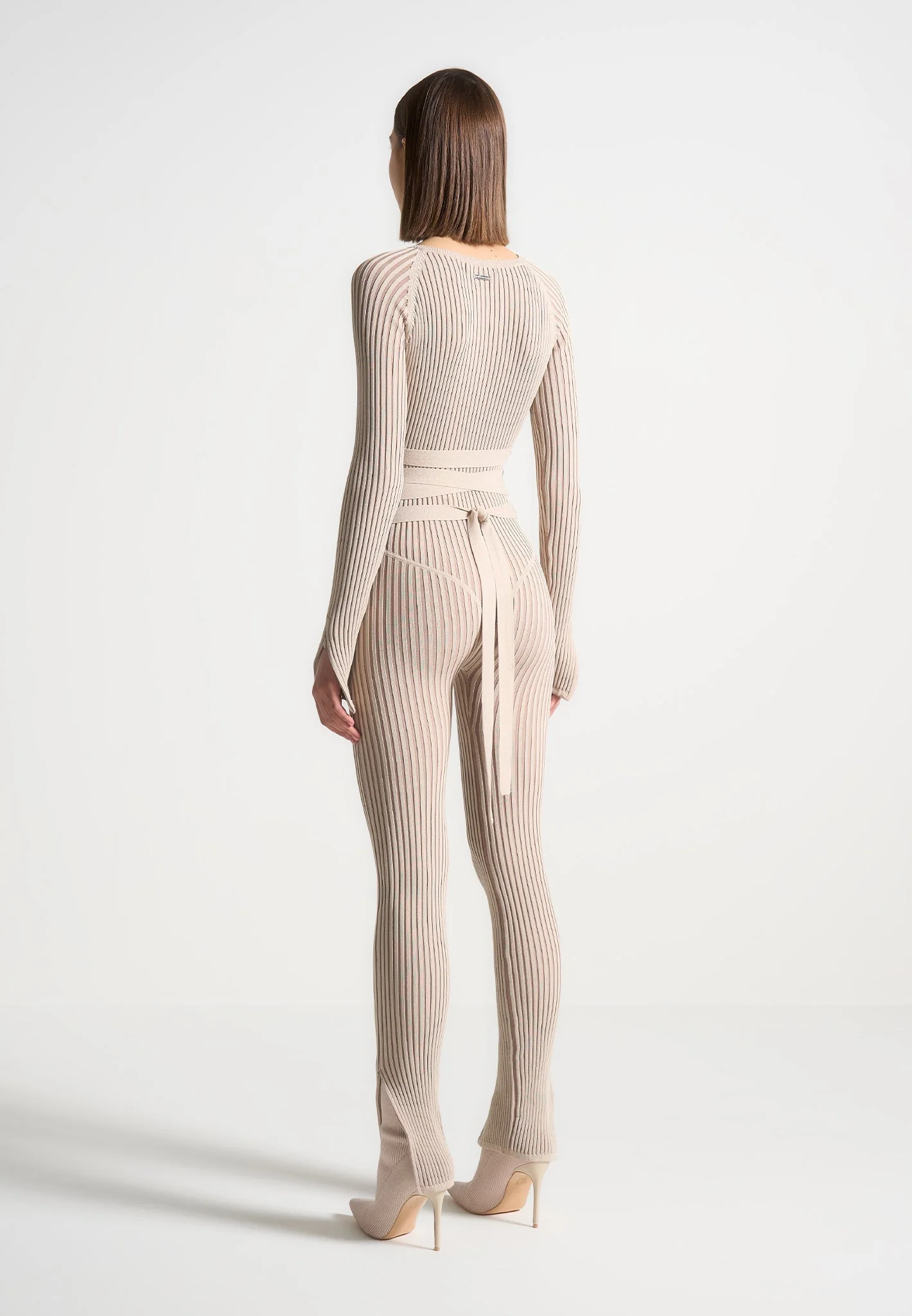 Knitted Two Tone Jumpsuit with Belt - Beige/Taupe - Image 4