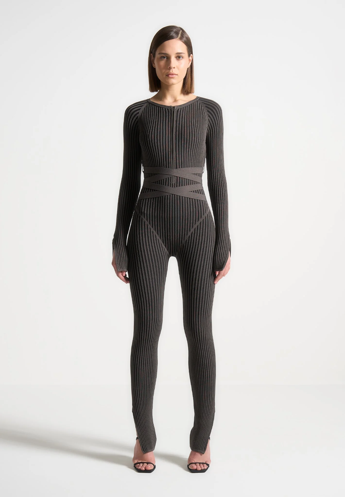 Knitted Two Tone Jumpsuit with Belt - Grey/Black - Image 3