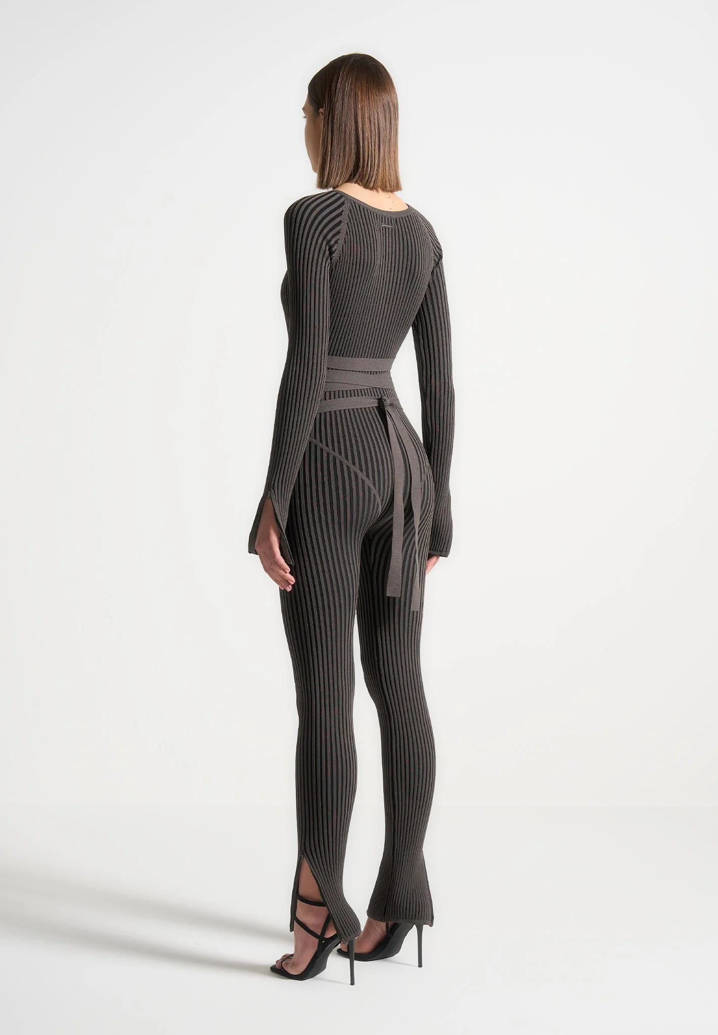 Knitted Two Tone Jumpsuit with Belt - Grey/Black - Image 4