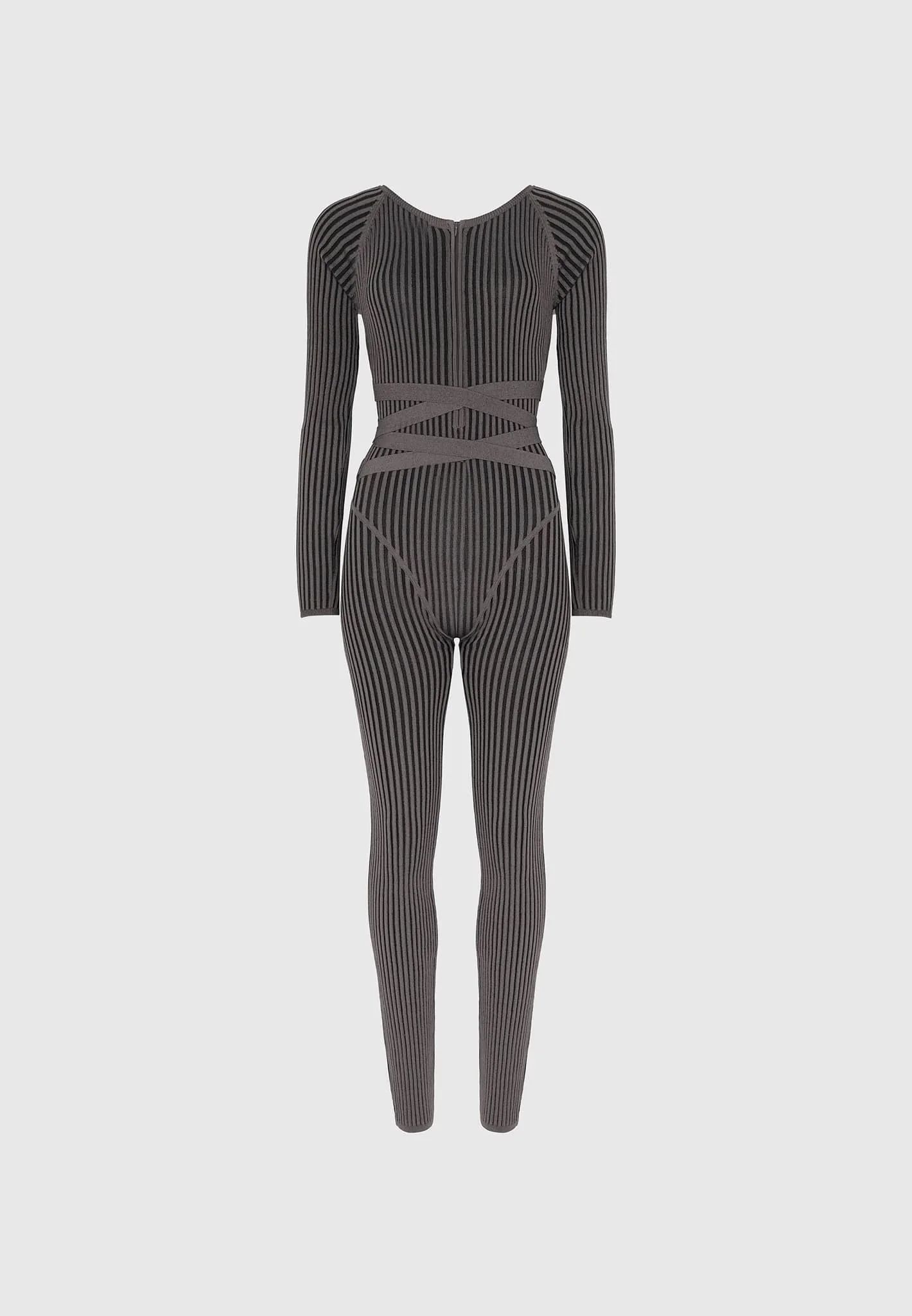 Knitted Two Tone Jumpsuit with Belt - Grey/Black - Image 5