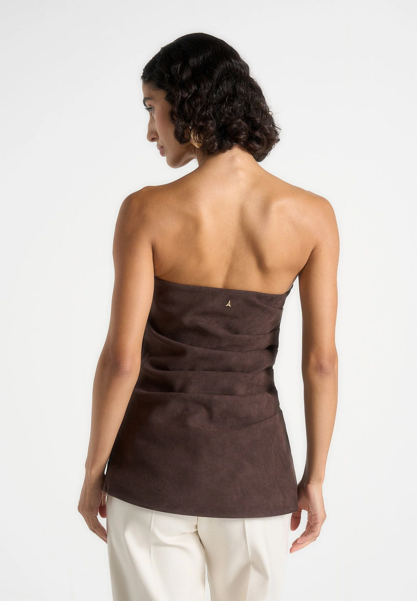 Laurena - Suede Tacked Longline Bandeau Top - Brown - Image 3