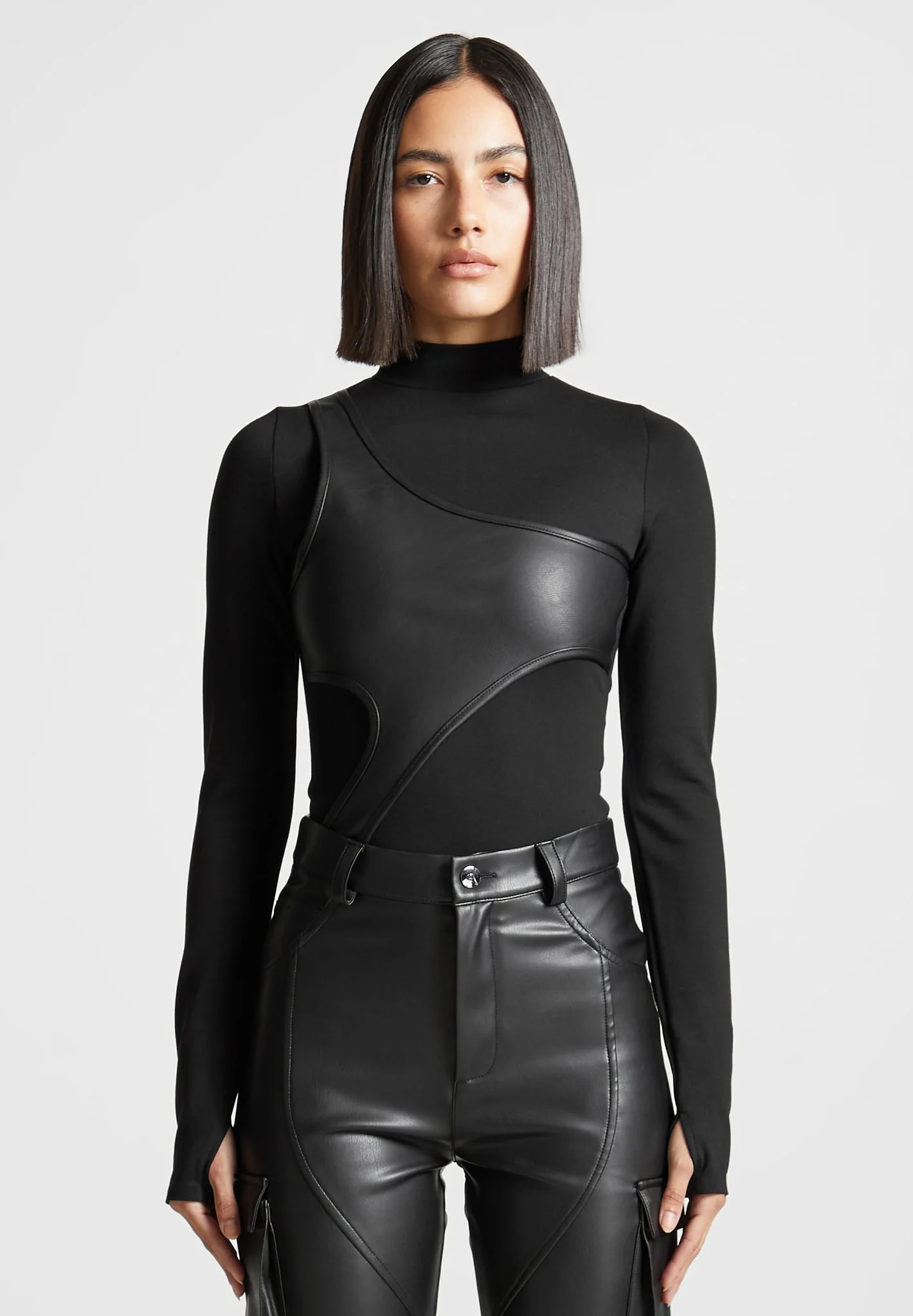 Leather Overlay High Neck Bodysuit - Black - Image 3