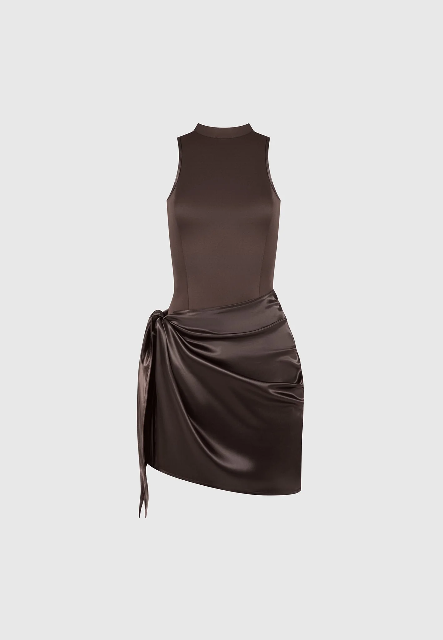 Neoprene & Satin Wrap Bodycon Dress - Brown - Image 5