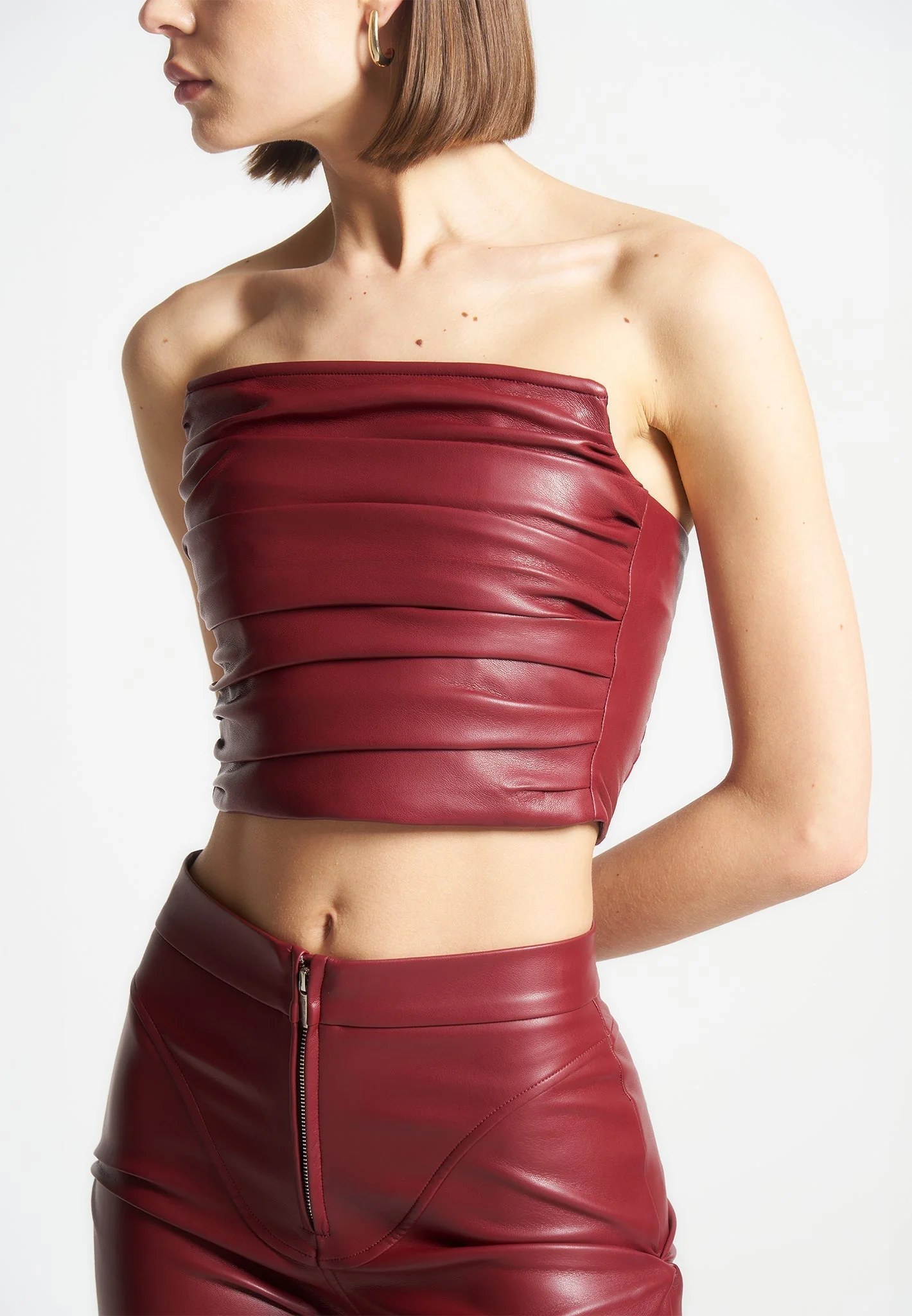 Pleated Bandeau Leather Corset Top - Wine Red - Image 3