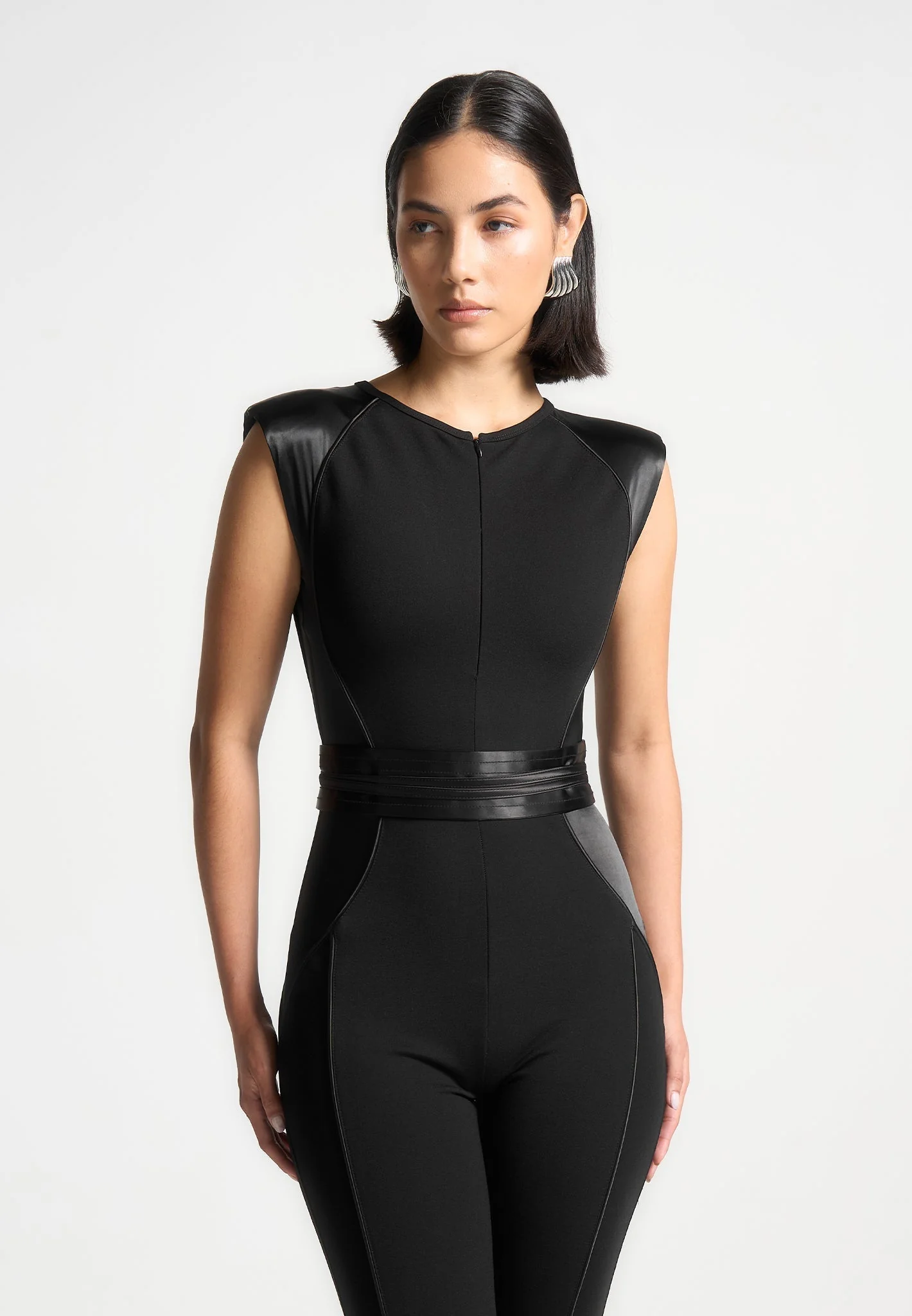 Satin Contour Flared Jumpsuit - Black - Image 6