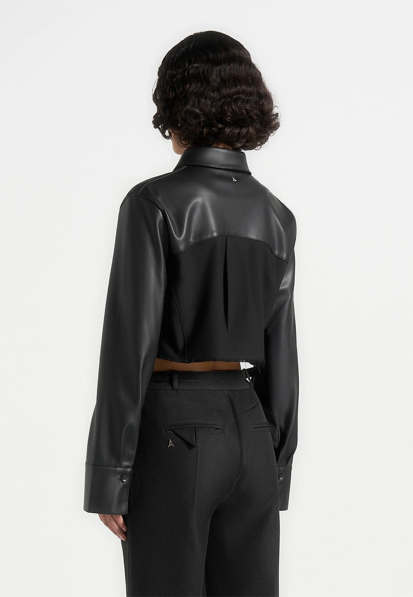 Bernadette - Leather Contrast Cropped Shirt - Black - Image 3