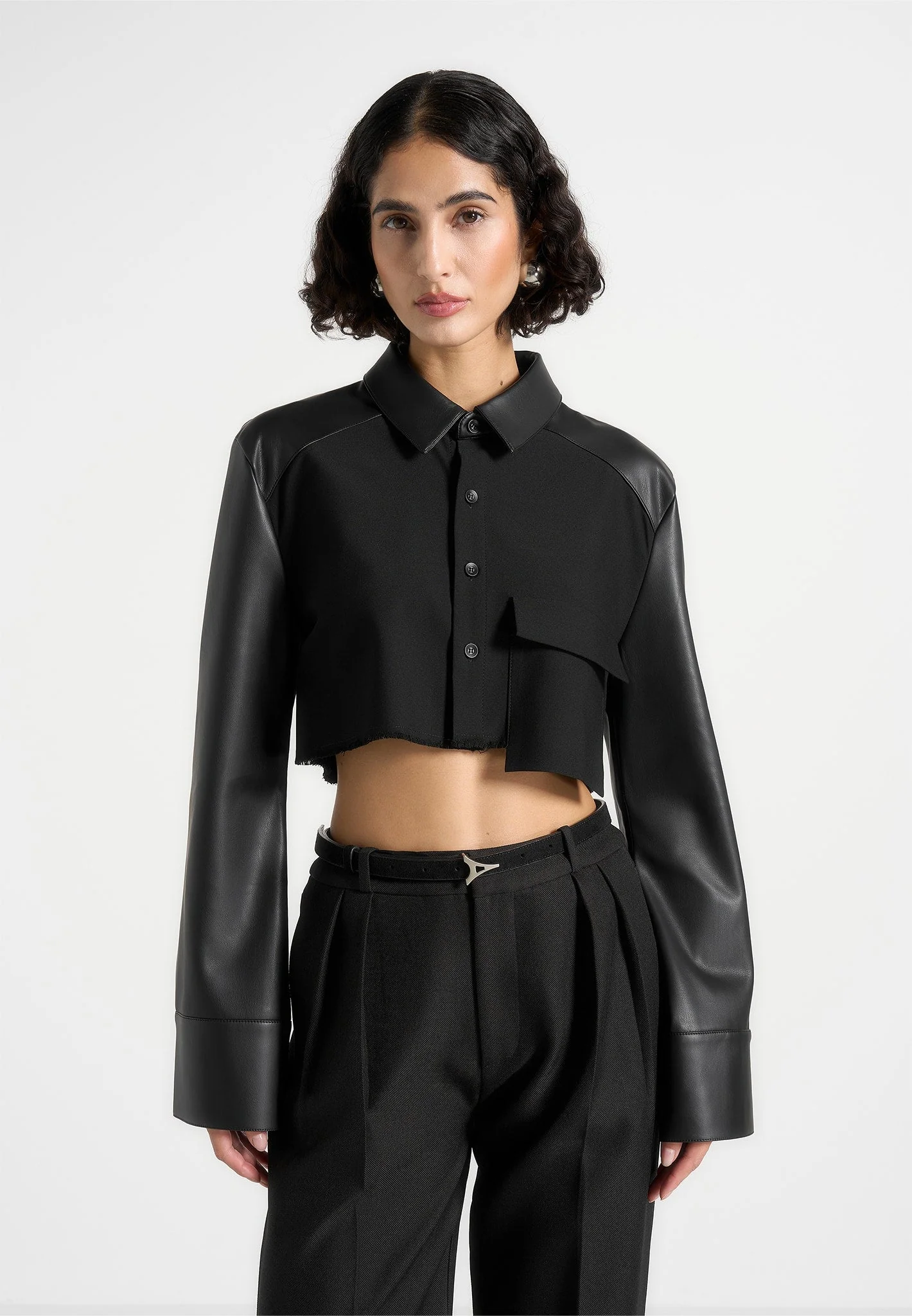 Bernadette - Leather Contrast Cropped Shirt - Black - Image 4