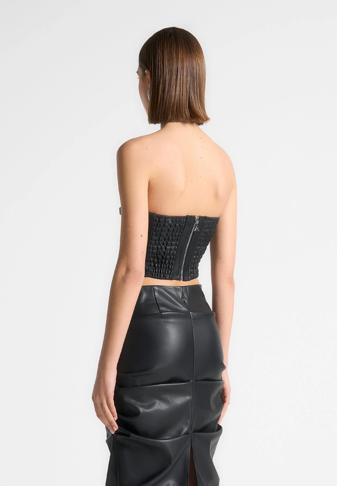 Pleated Bandeau Leather Corset Top - Black - Image 3