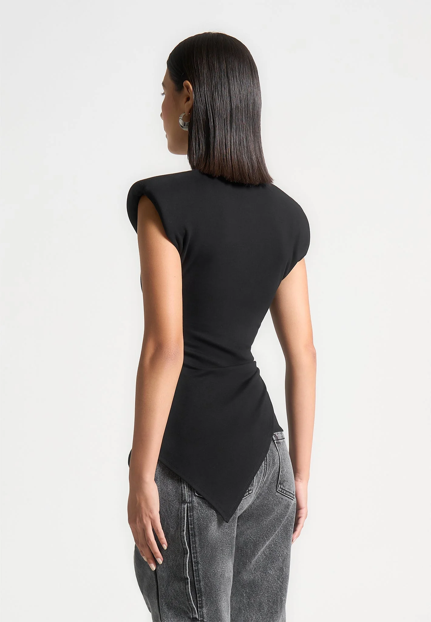 Wide Shoulder Ruched Waist Top - Black - Image 3