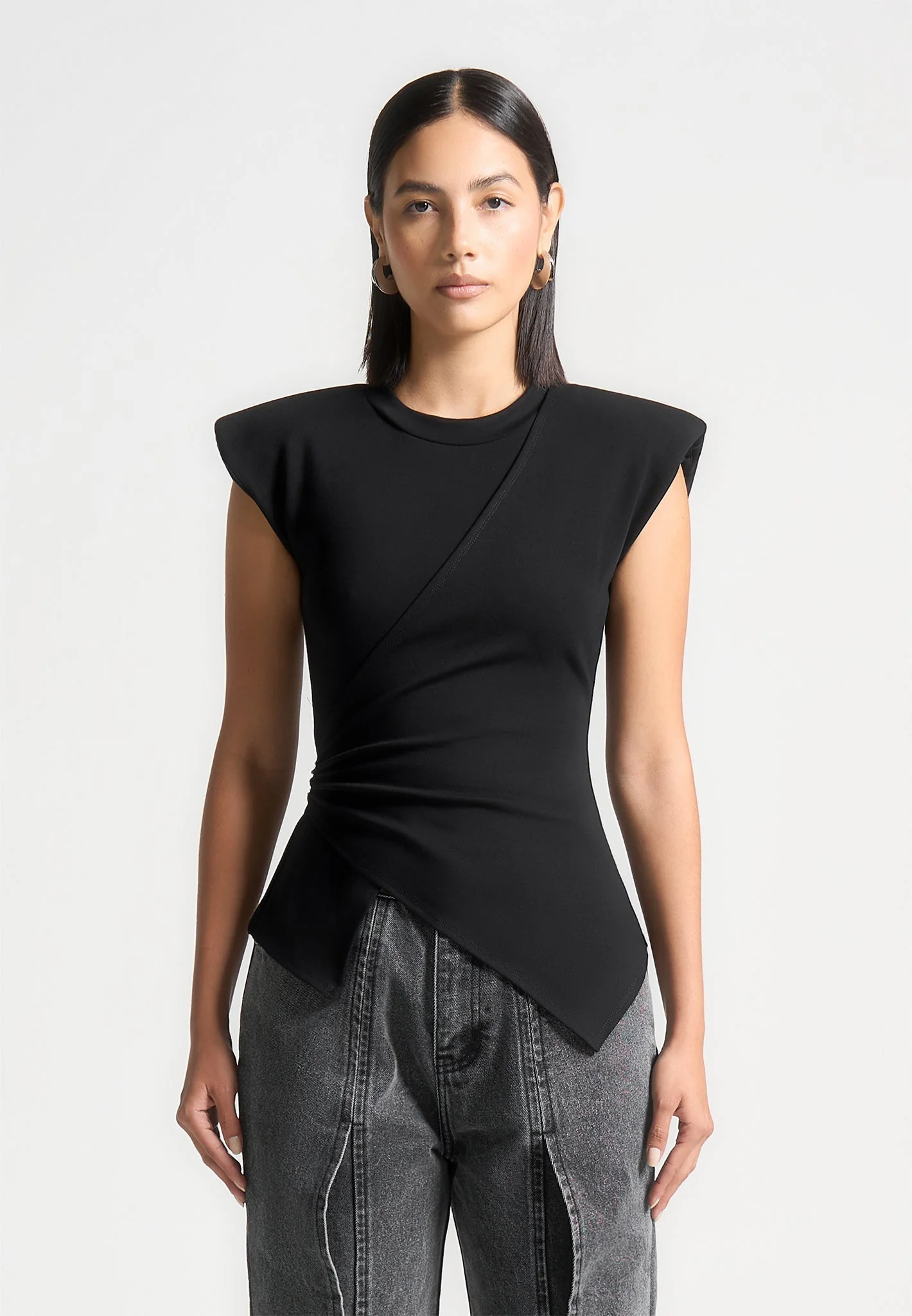 Wide Shoulder Ruched Waist Top - Black - Image 4