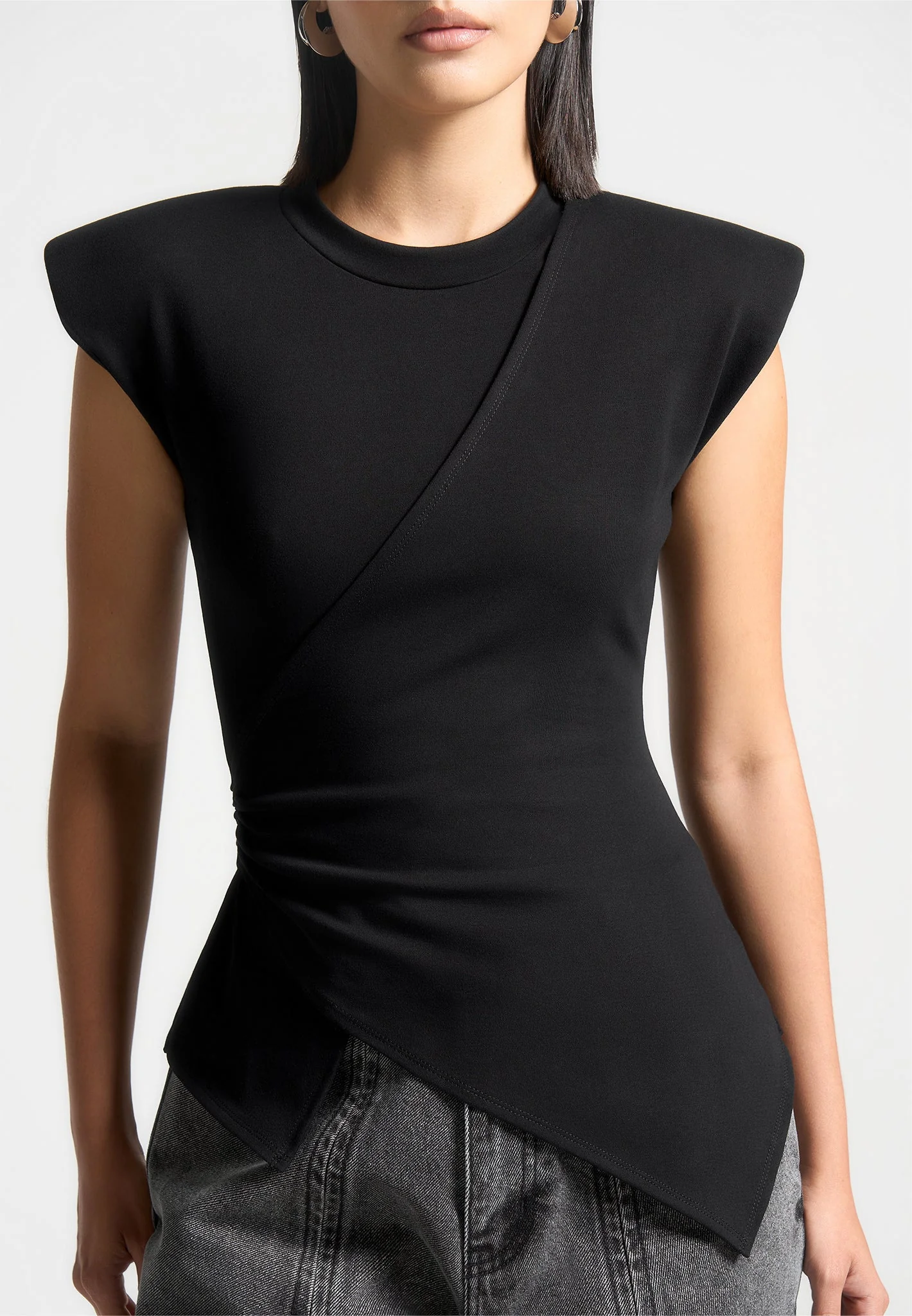 Wide Shoulder Ruched Waist Top - Black - Image 5