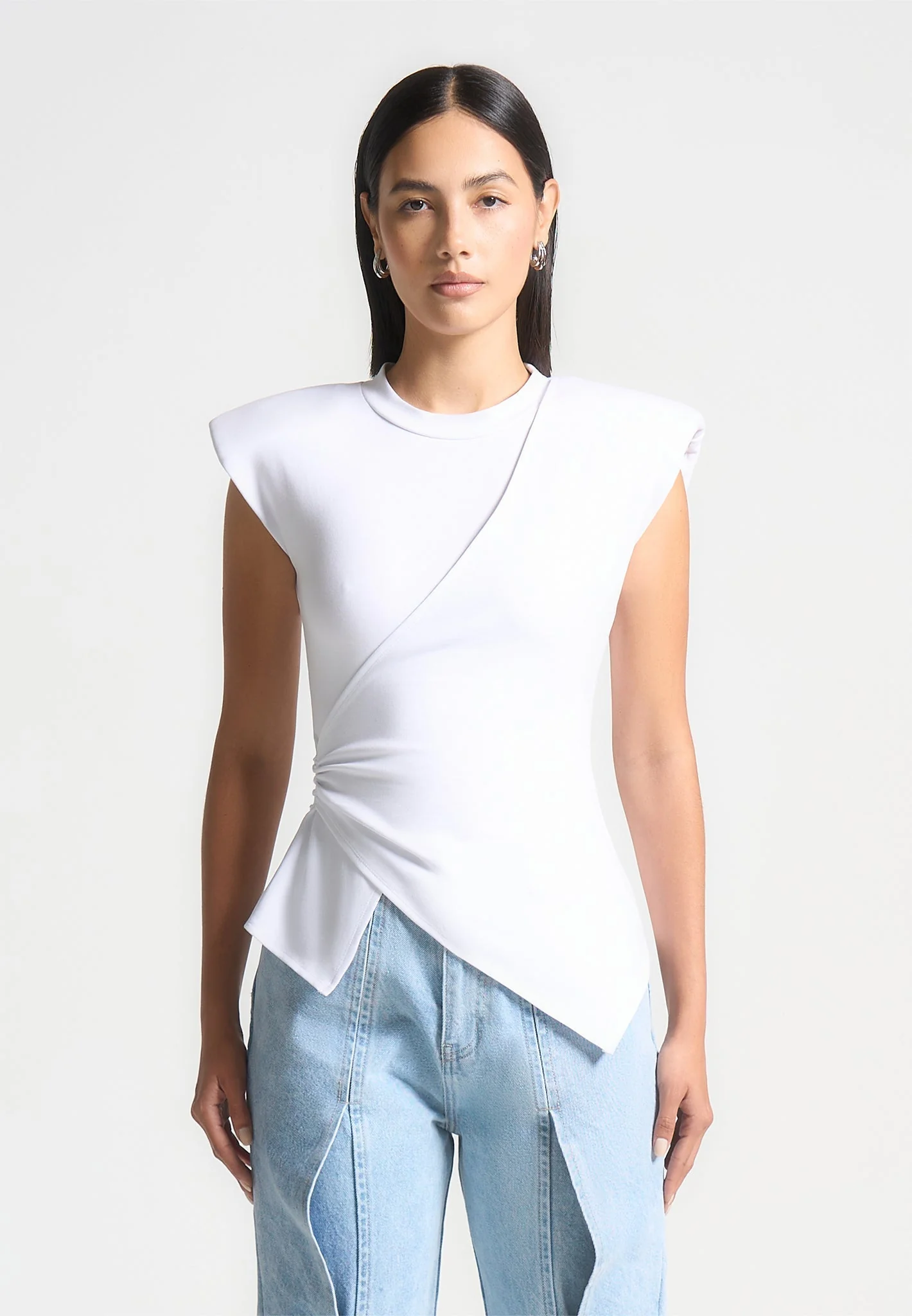 Wide Shoulder Ruched Waist Top - White - Image 4