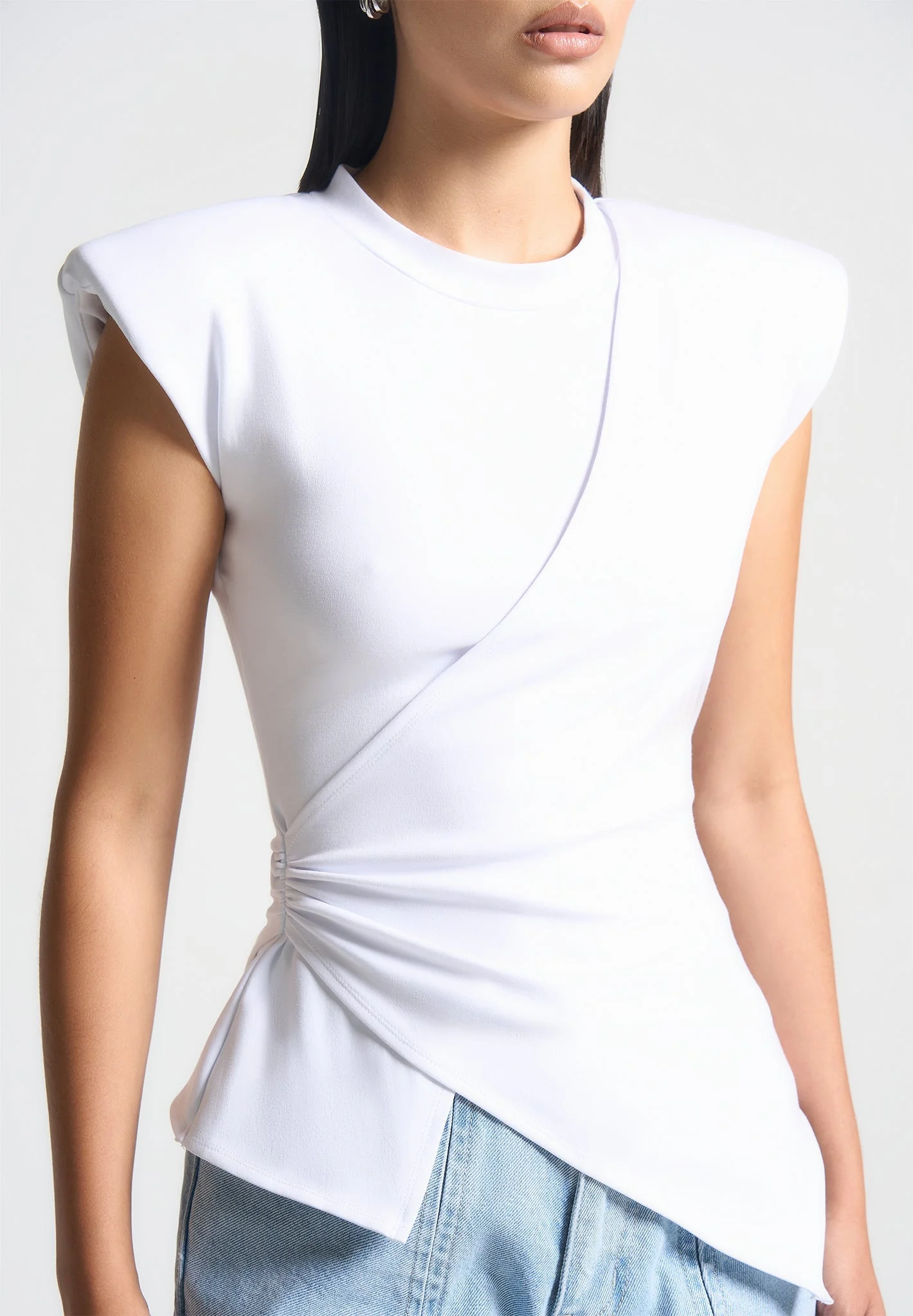 Wide Shoulder Ruched Waist Top - White - Image 5