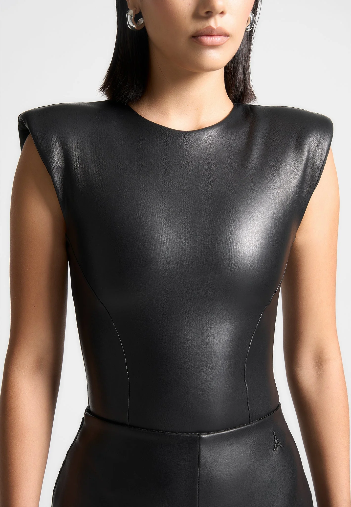 Wide Shoulder Leather Bodysuit - Black - Image 5